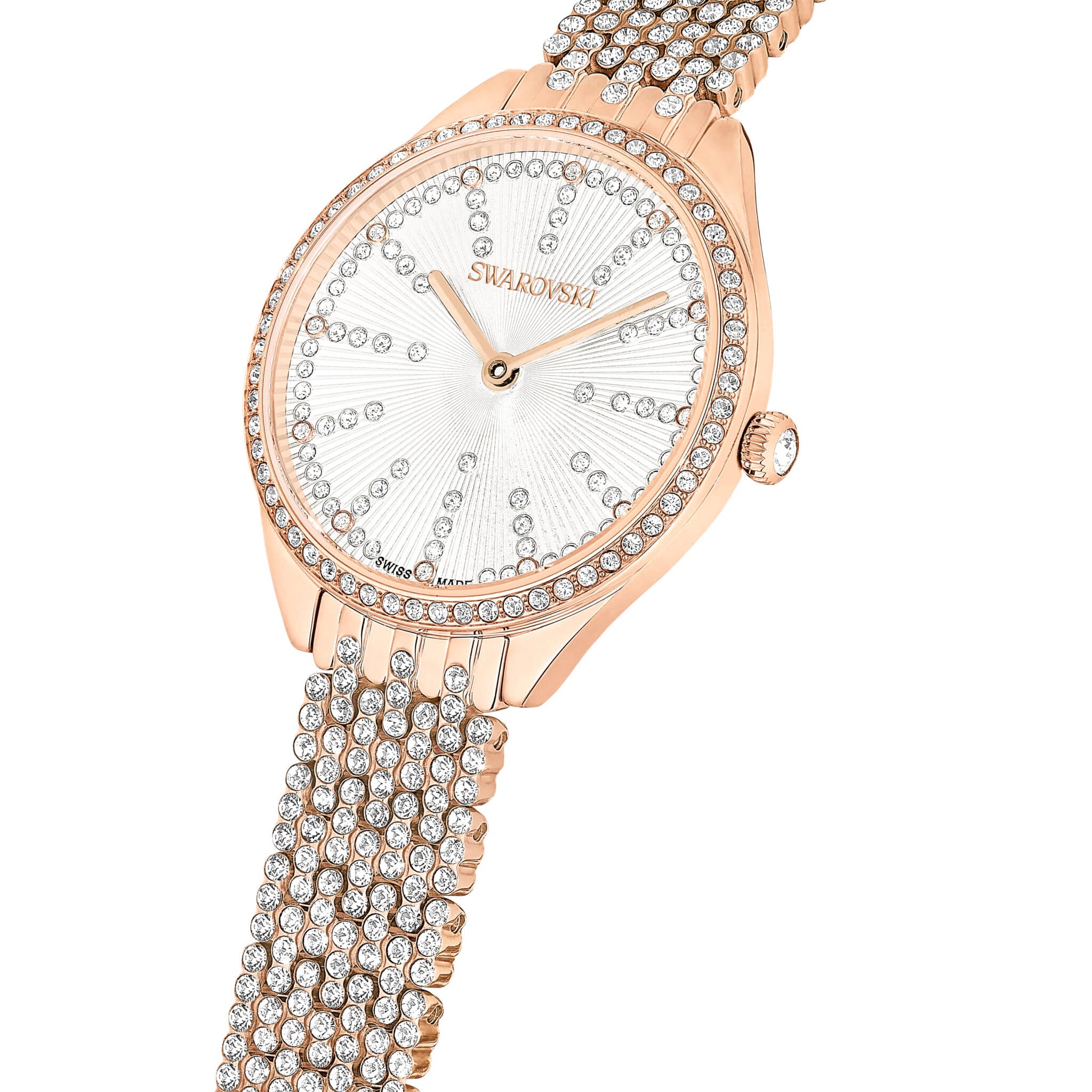 Swarovski Attract Swiss Made watch with rose gold-tone metal bracelet and elegant dial, showcasing luxury and craftsmanship.