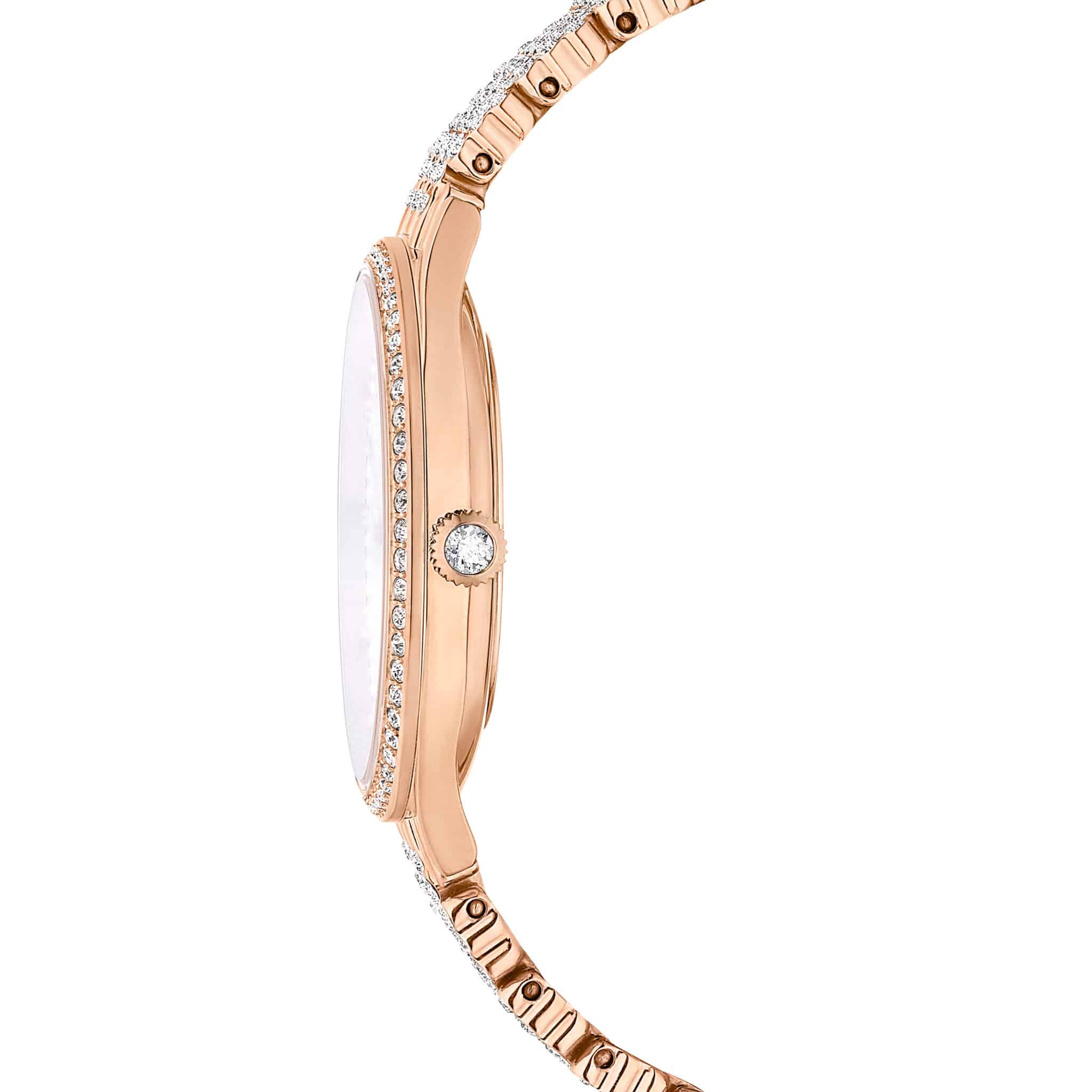 Swarovski Attract Swiss Made watch with rose gold-tone metal bracelet and elegant round face, stylish and luxurious accessory.