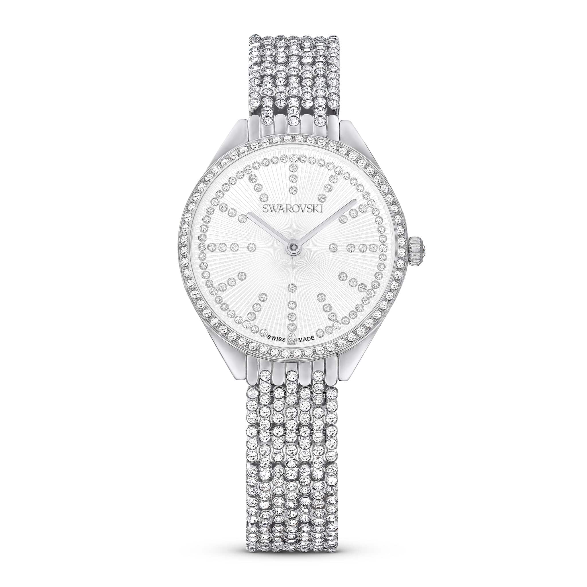 Swarovski Attract Swiss Made watch with silver-tone stainless steel metal bracelet and elegant design.