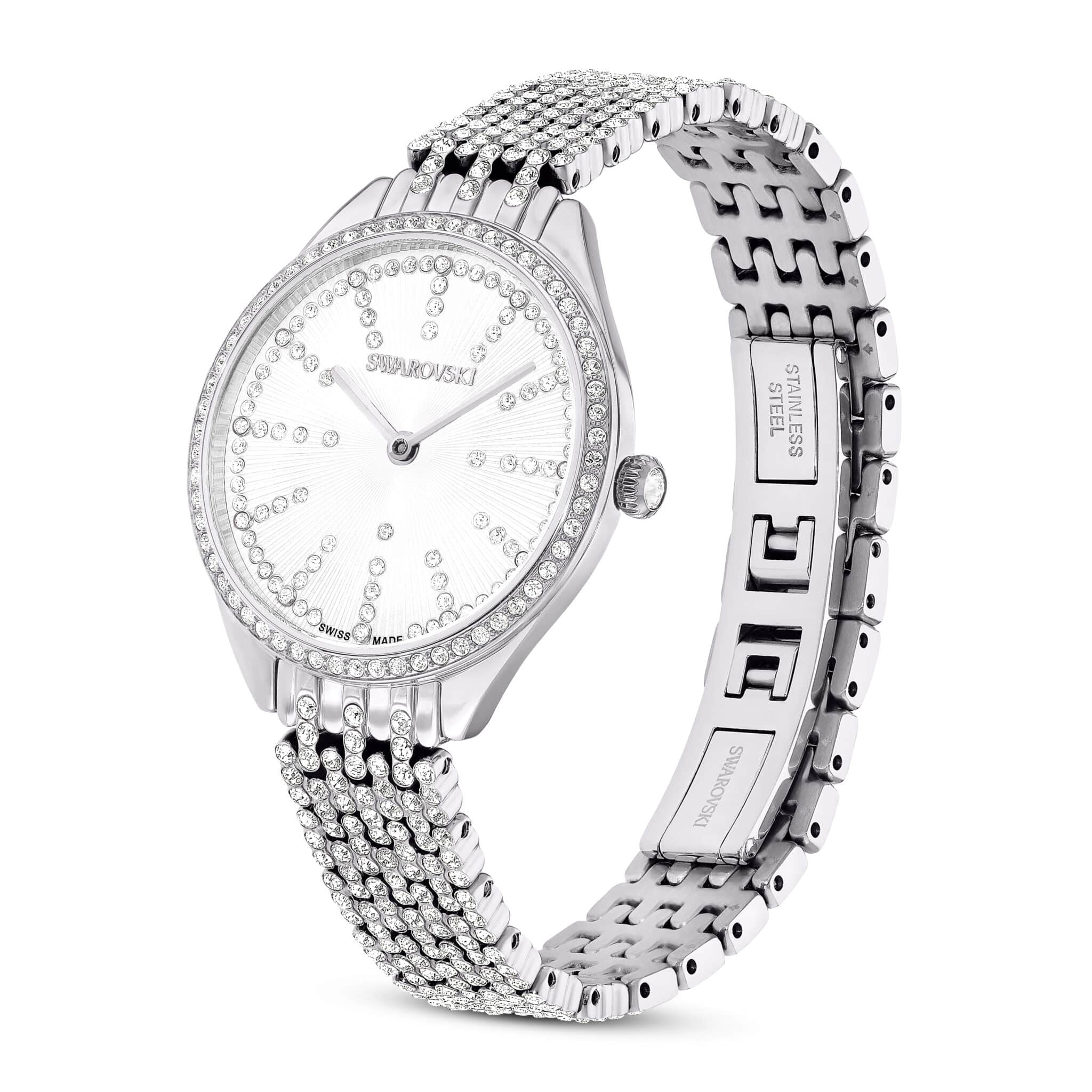Swarovski Attract Swiss Made watch with silver-tone stainless steel metal bracelet and elegant design.