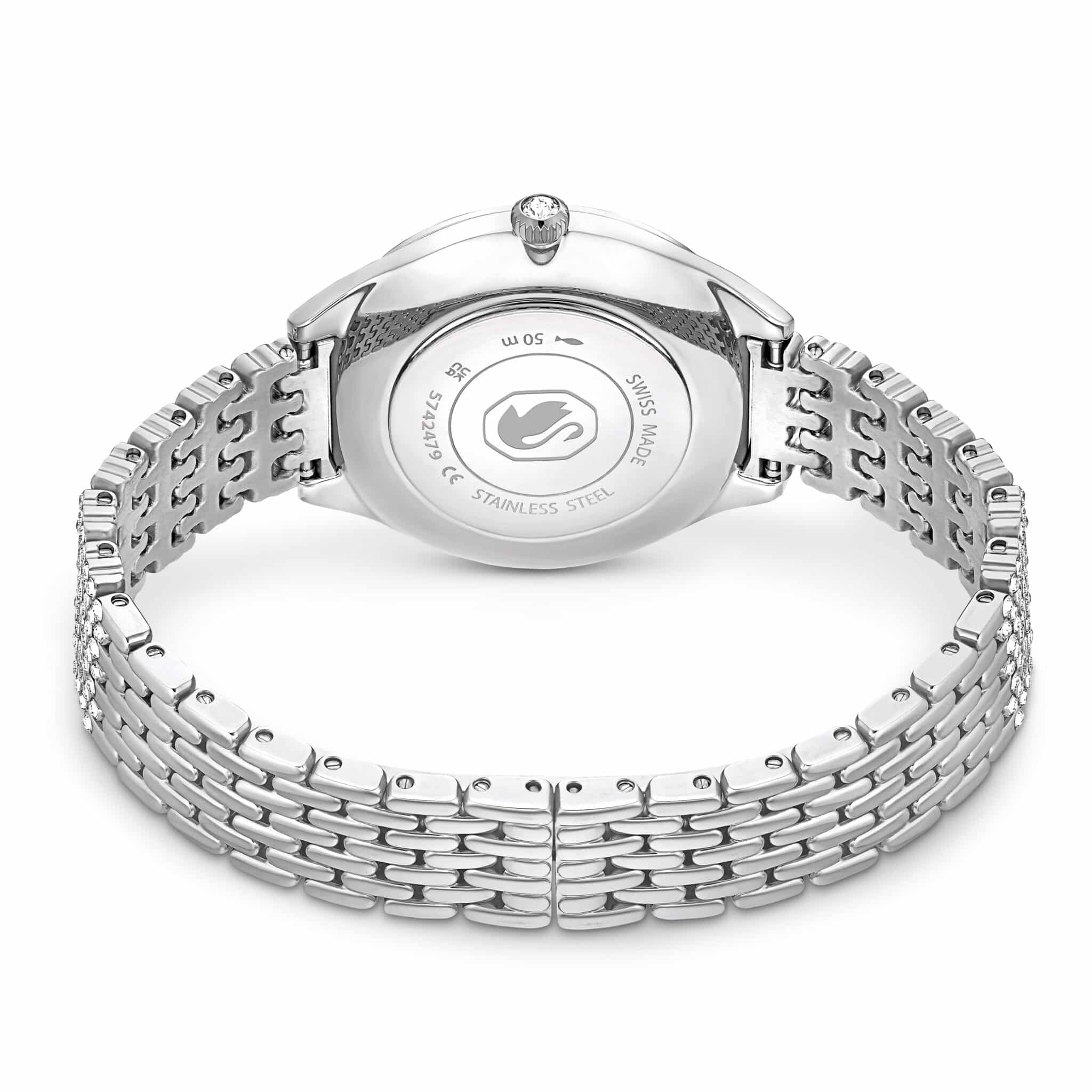 Swarovski Attract Swiss Made watch with silver-tone stainless steel metal bracelet and elegant round face.