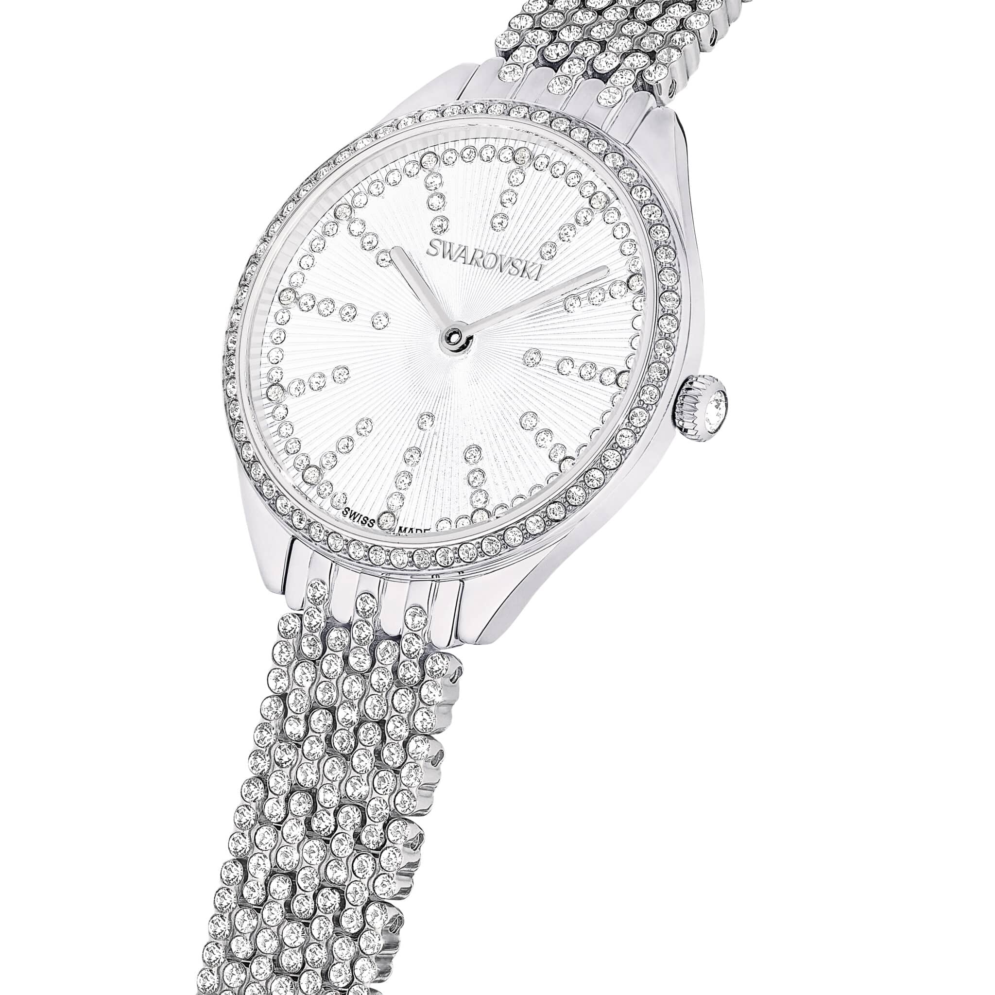 Swarovski Attract Swiss Made watch with silver-tone stainless steel metal bracelet and elegant design.