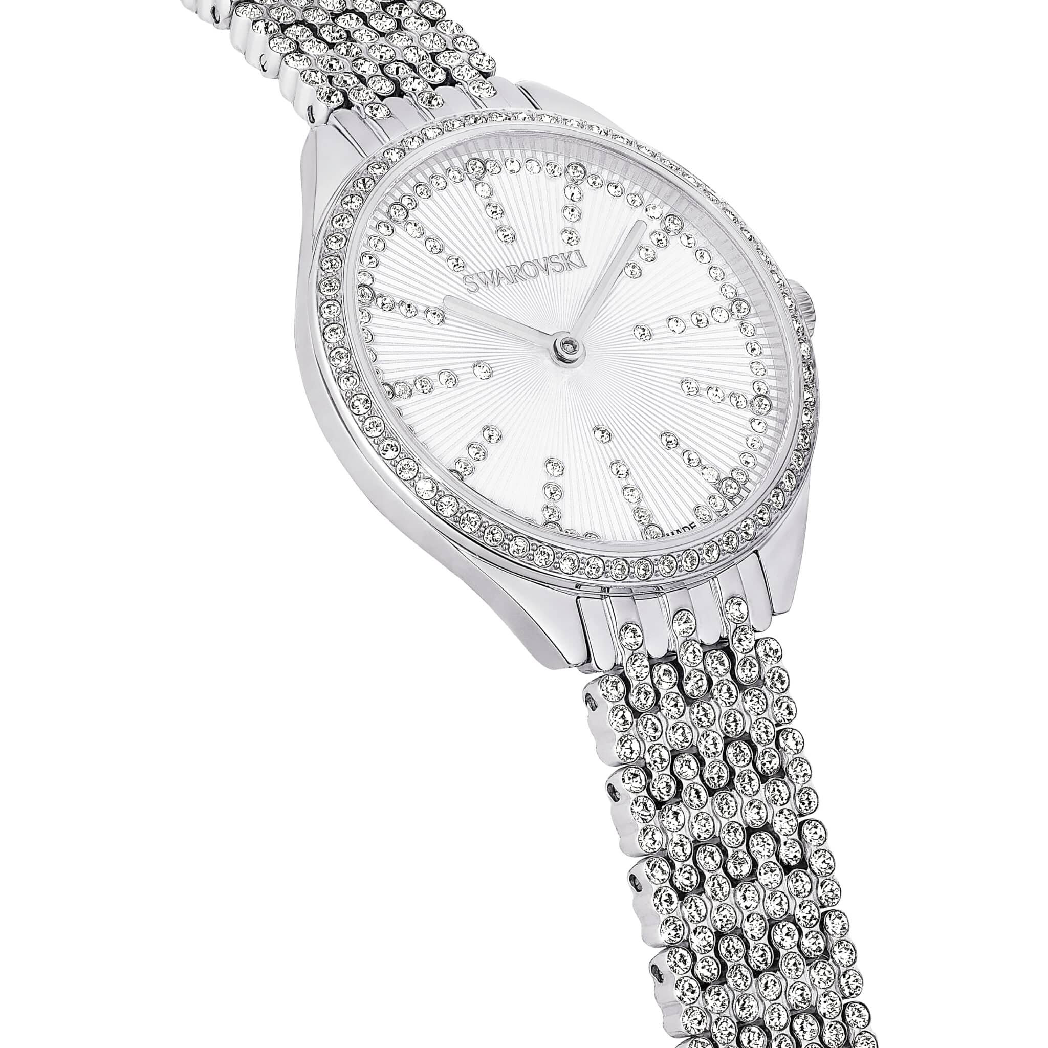 Swarovski Attract Swiss Made watch with silver-tone stainless steel metal bracelet and elegant design.