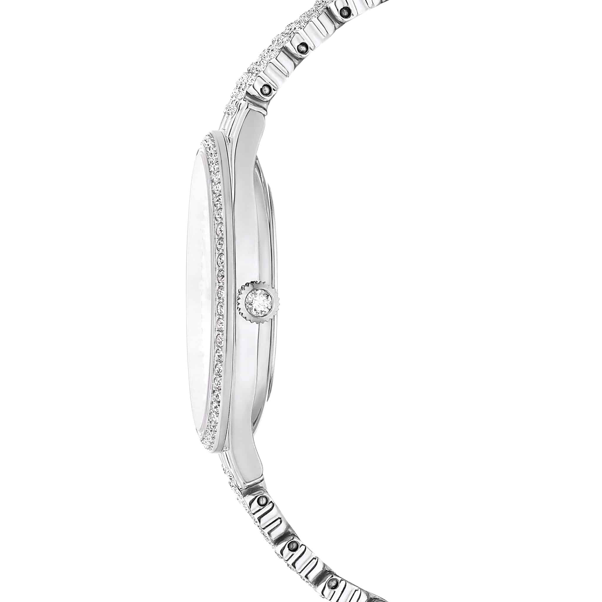 Swarovski Attract Swiss Made watch with silver-tone stainless steel metal bracelet and elegant design.