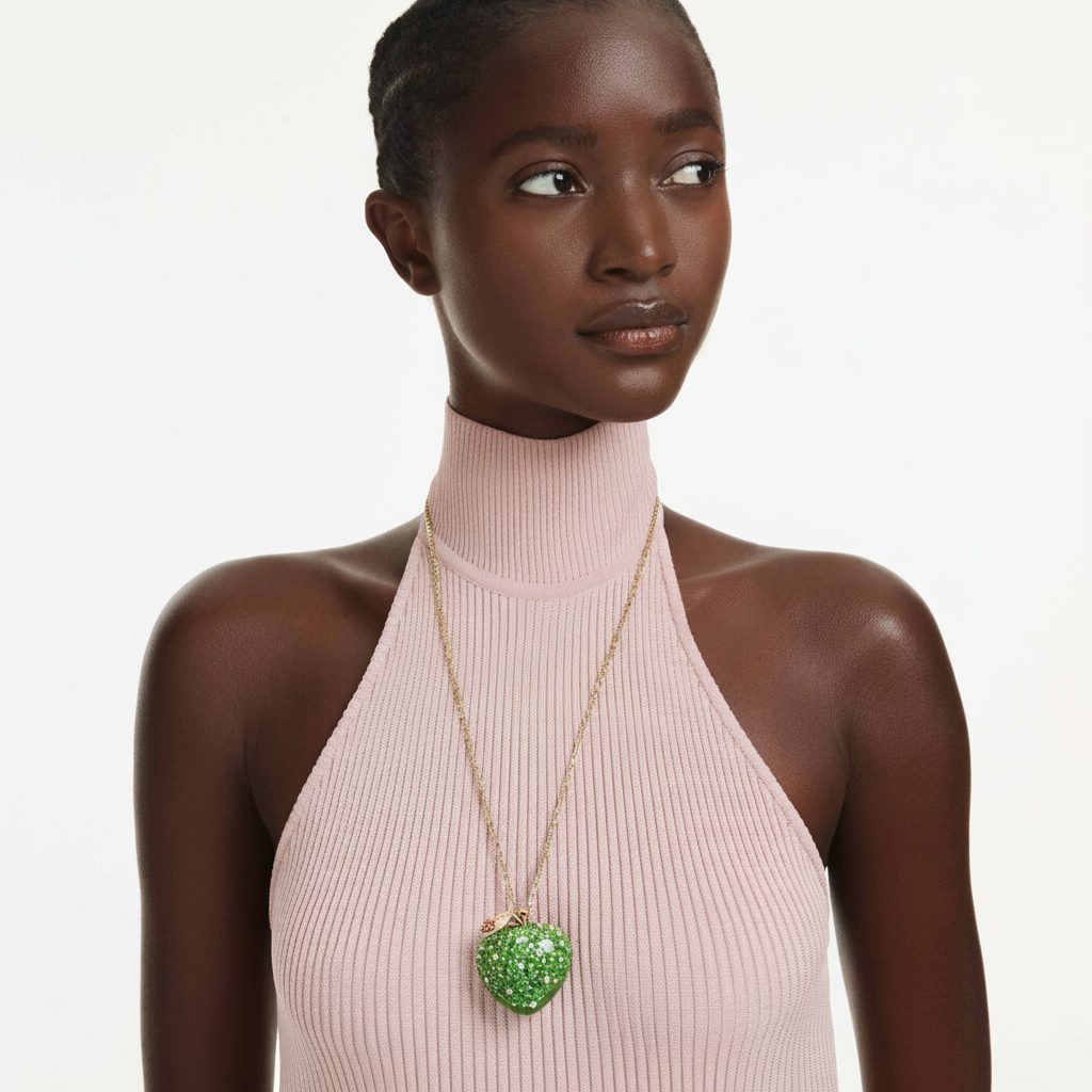 Swarovski Idyllia pendant featuring green apple-shaped crystal with mixed cuts, gold-tone plated jewelry accessory.