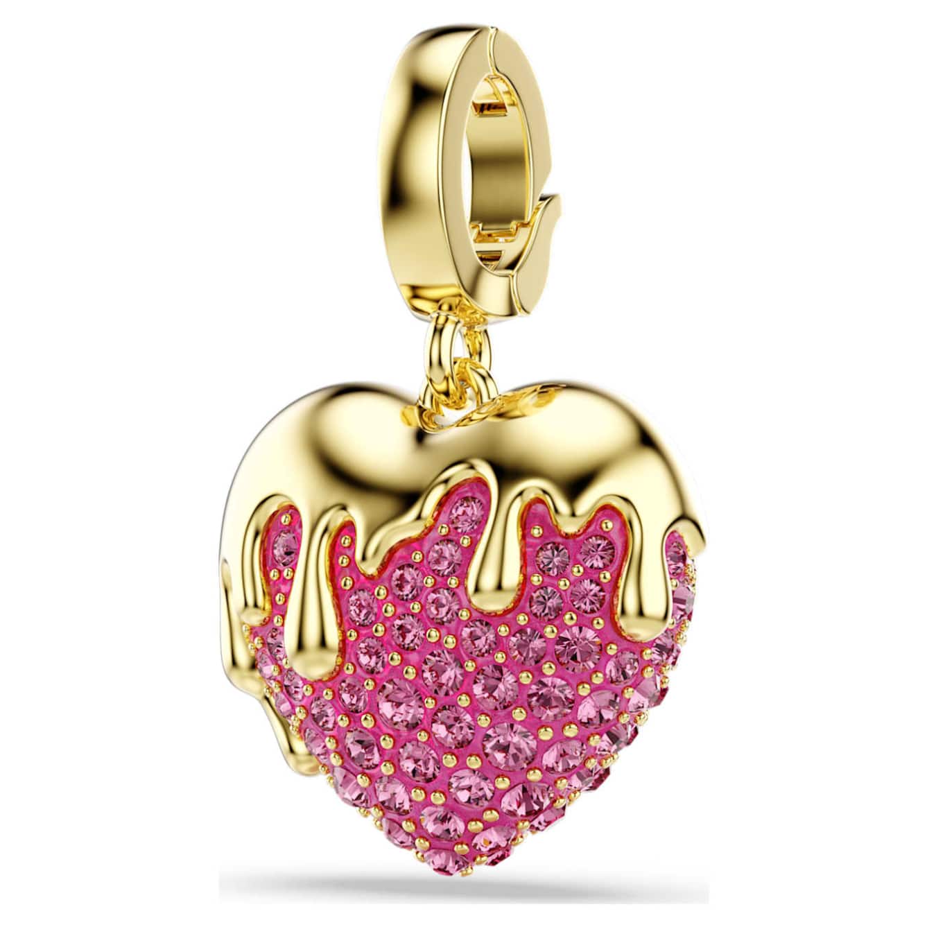 Pink Swarovski Idyllia charm with round cut heart design in gold-tone plating, ideal for jewelry or charm bracelets.