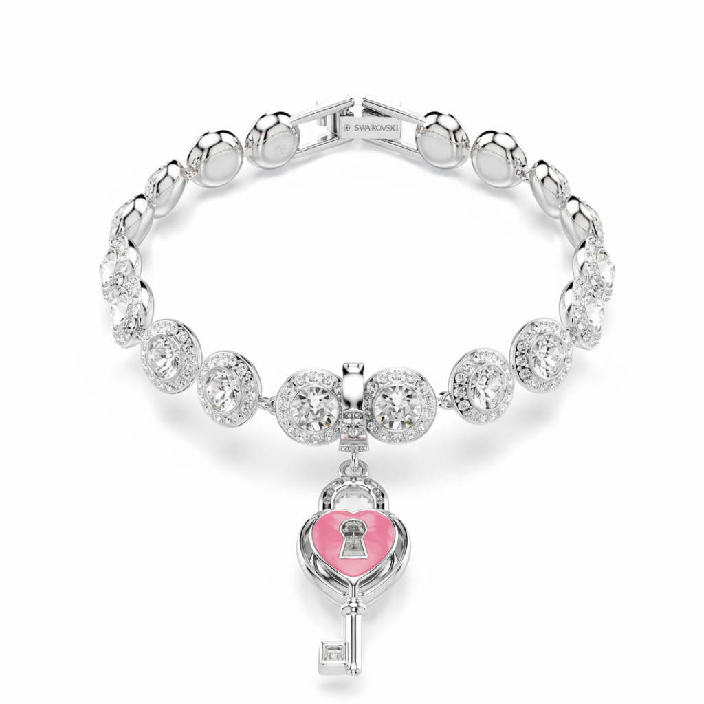 Swarovski Idyllia charm featuring a white heart with a key, mixed cuts, rhodium-plated jewelry accessory