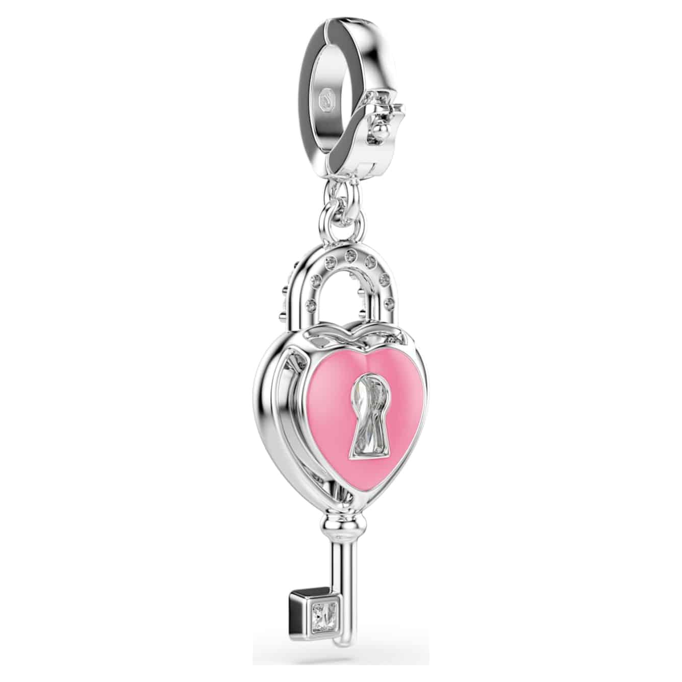 Swarovski Idyllia charm with mixed cuts, heart and key design, white crystal, rhodium plated, elegant jewelry accessory