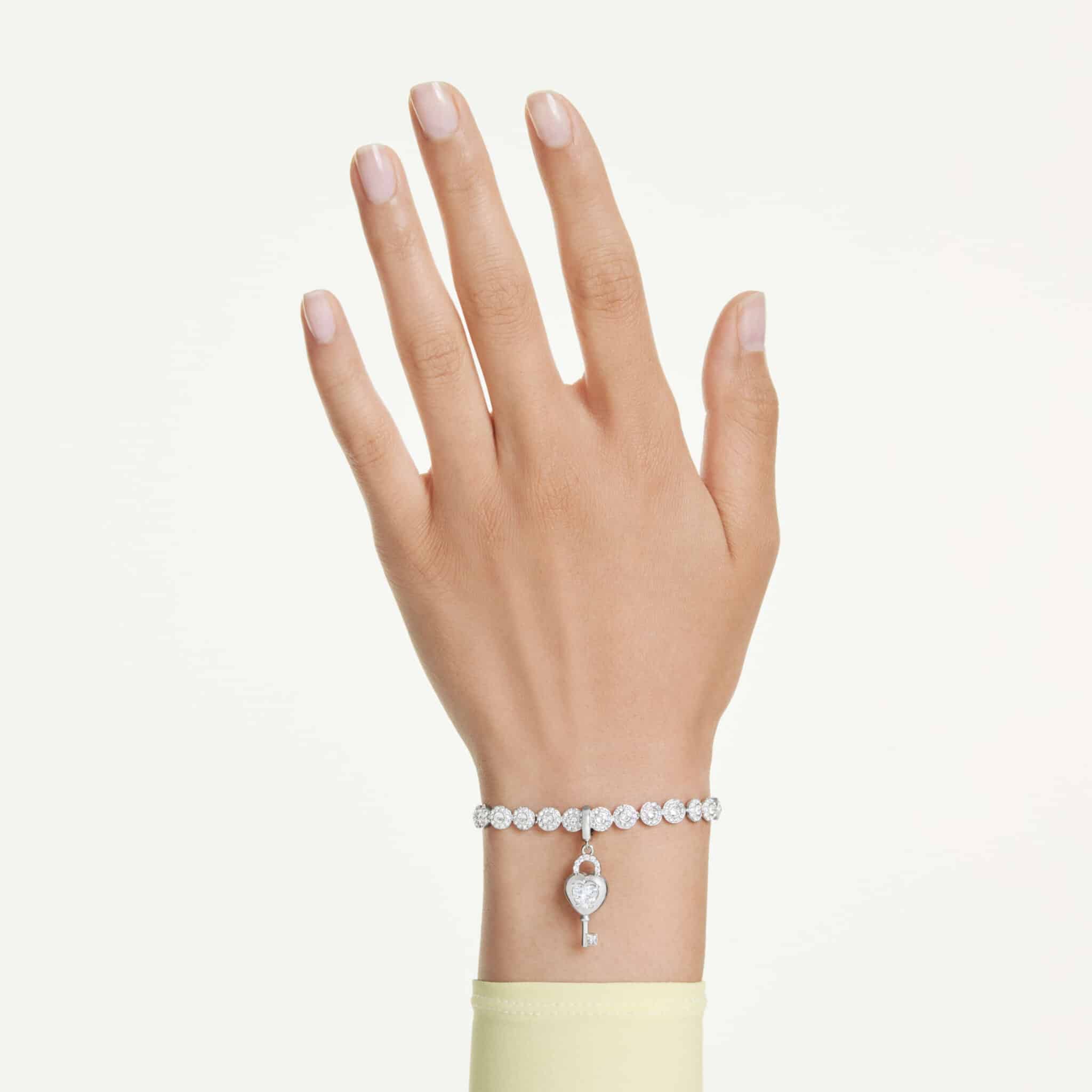 Swarovski Idyllia charm with mixed cuts, heart and key design, white crystal, rhodium-plated, sparkling jewelry accessory