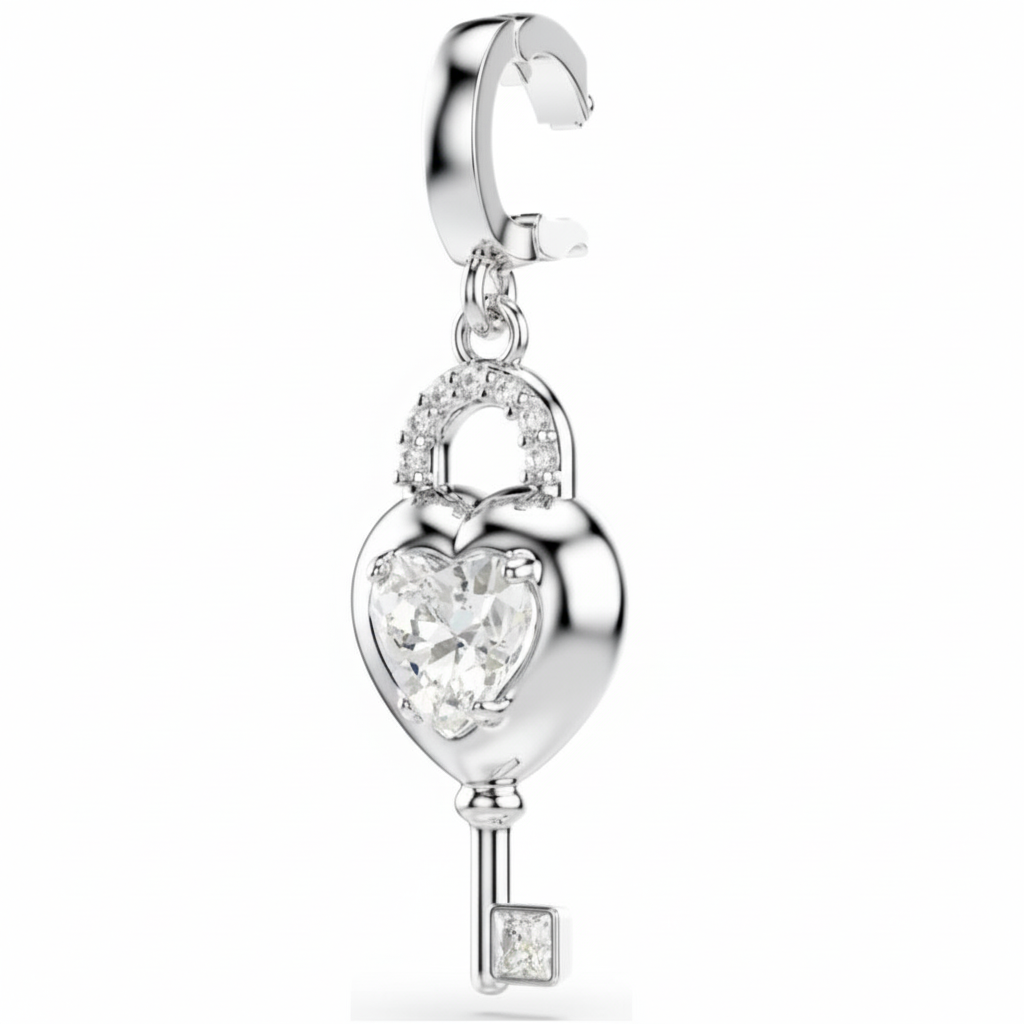 Swarovski Idyllia charm with mixed cuts, heart and key design in white crystal, rhodium plated for a sparkling jewelry accessory.