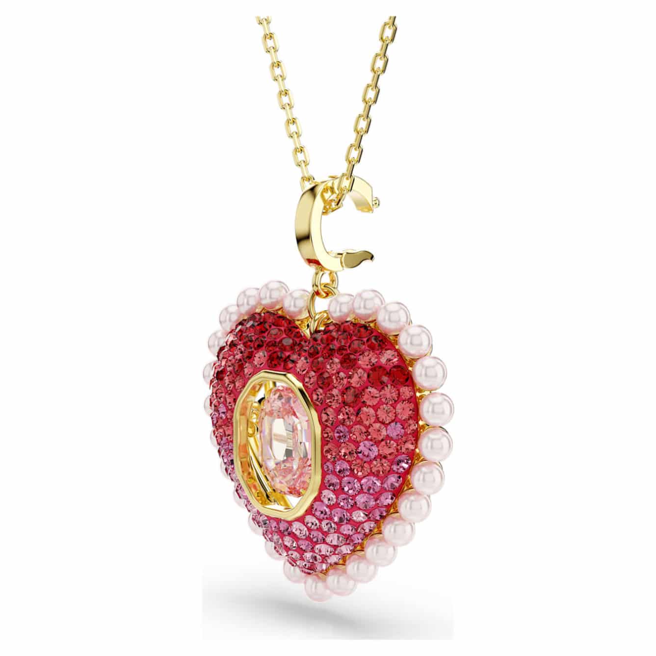 Swarovski Idyllia pink heart pendant with mixed cuts, gold-tone plated jewelry, featuring sparkling crystal details.