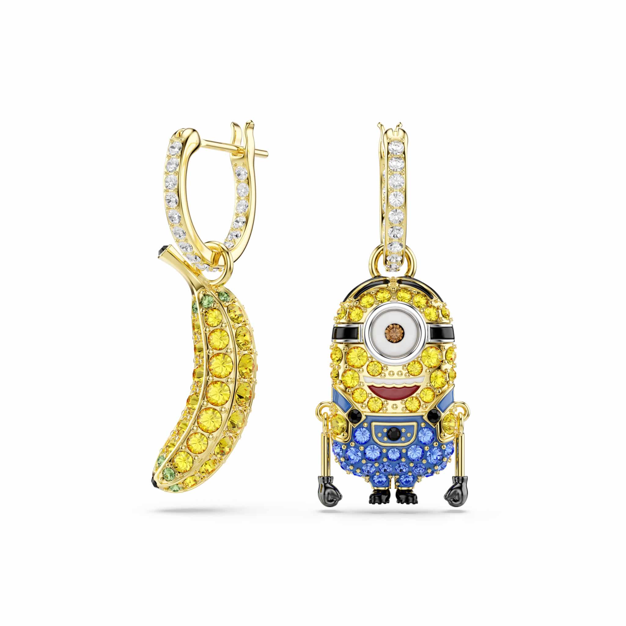 Swarovski Minions Stuart and Banana hoop earrings, mini multicolored pavé design, gold-tone plated jewelry with playful character accents.