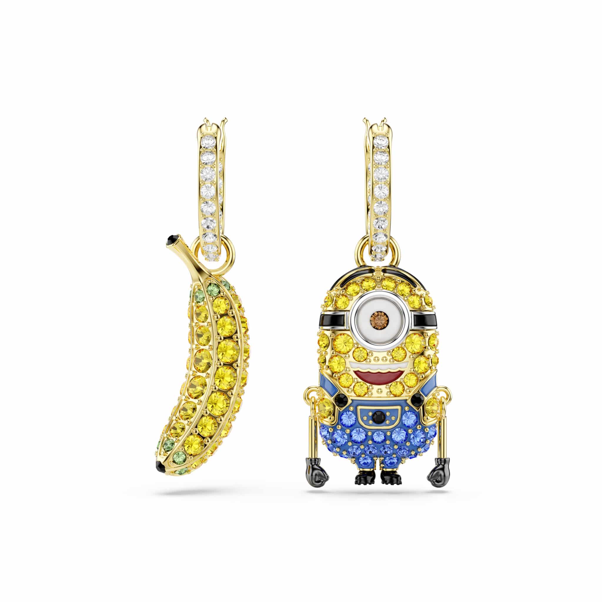 Swarovski Minions Stuart and Banana hoop earrings with pavé stones, gold-tone plated, featuring colorful mini design and playful style.