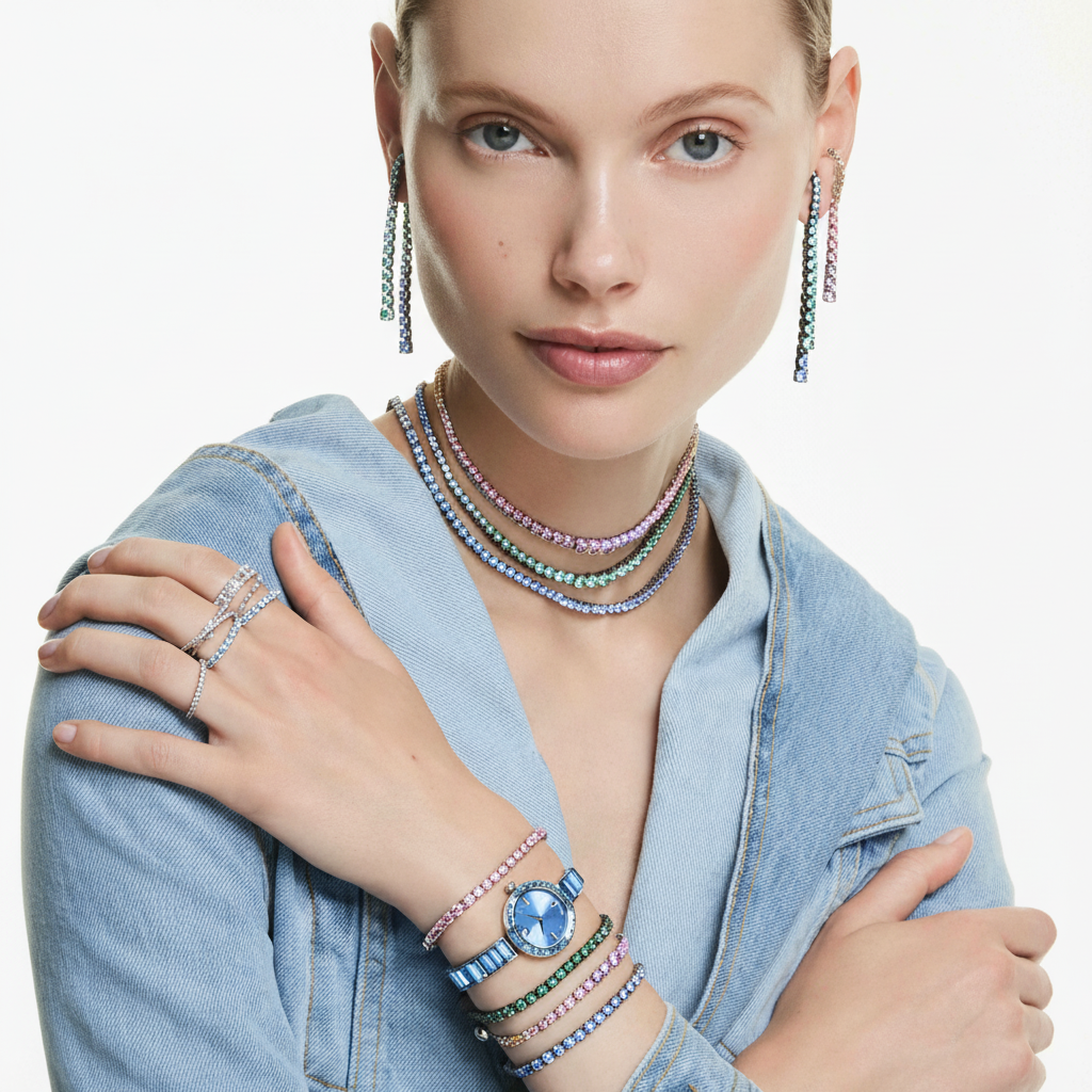 Swarovski Matrix tennis bracelet with multicolored round-cut crystals in a gradient pattern, rhodium-plated for a sleek finish.