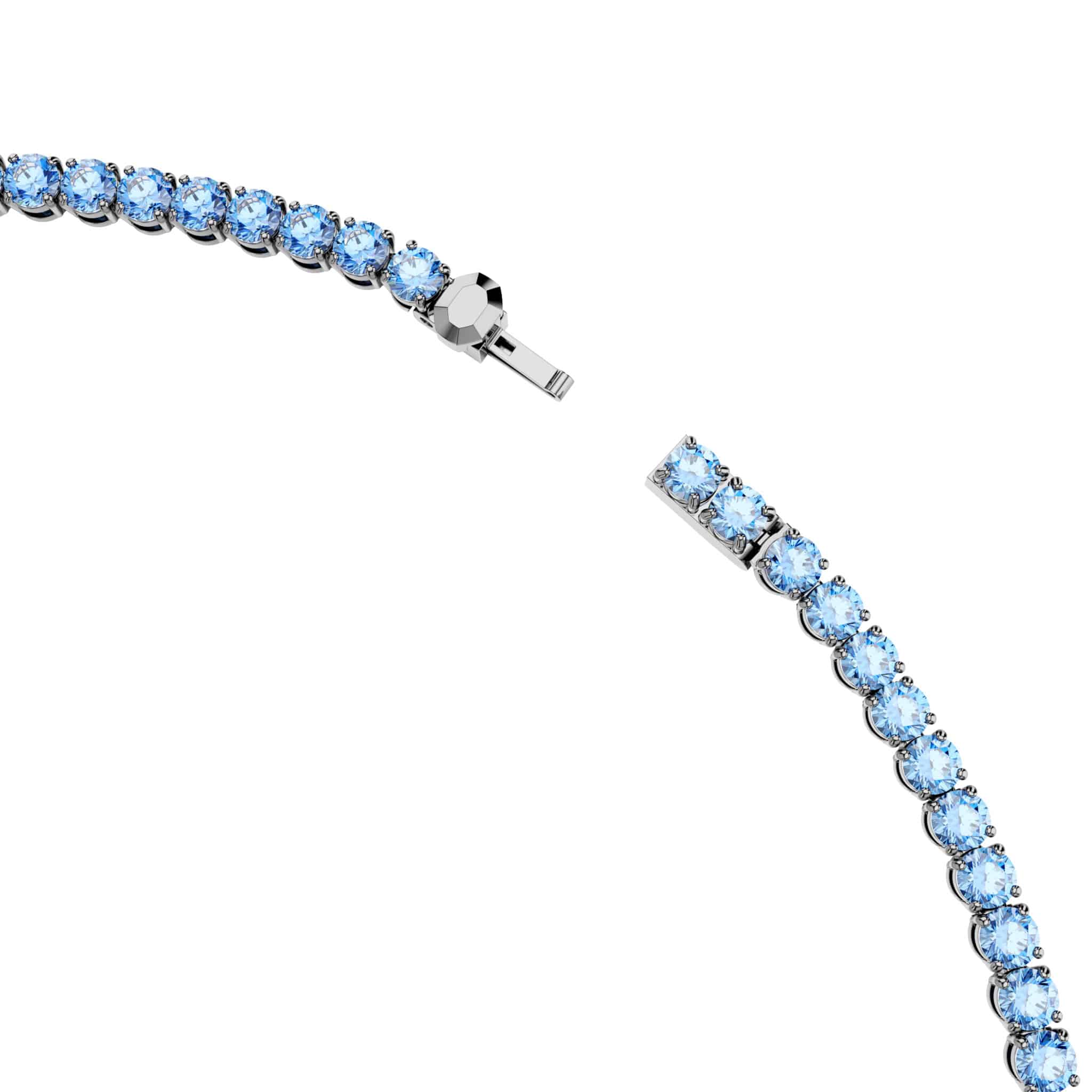 Swarovski Matrix tennis necklace with round-cut blue crystals, ruthenium-plated chain, elegant jewelry for women.