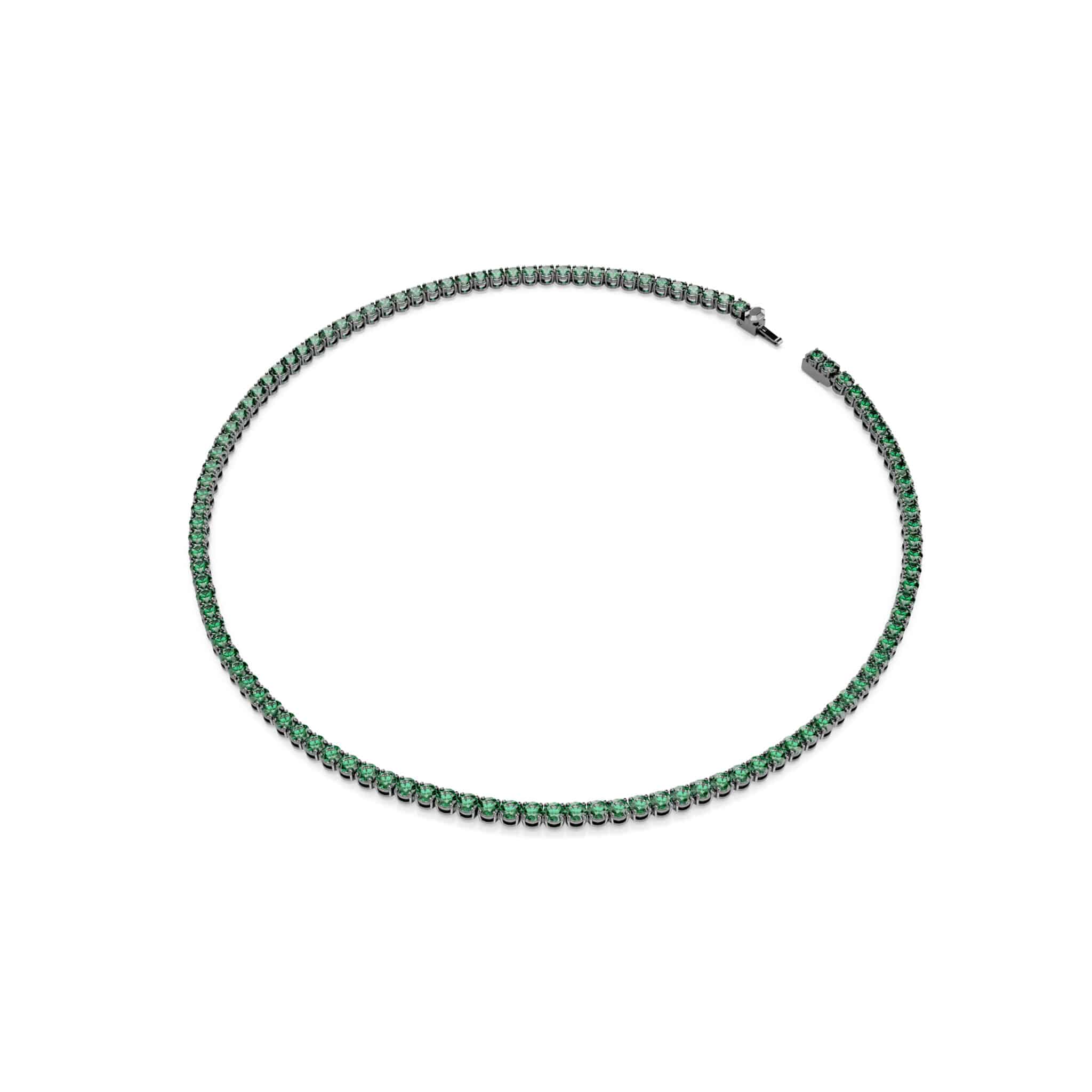 Swarovski Matrix tennis necklace with round-cut green crystals and ruthenium plating, elegant jewelry piece displayed in the image.