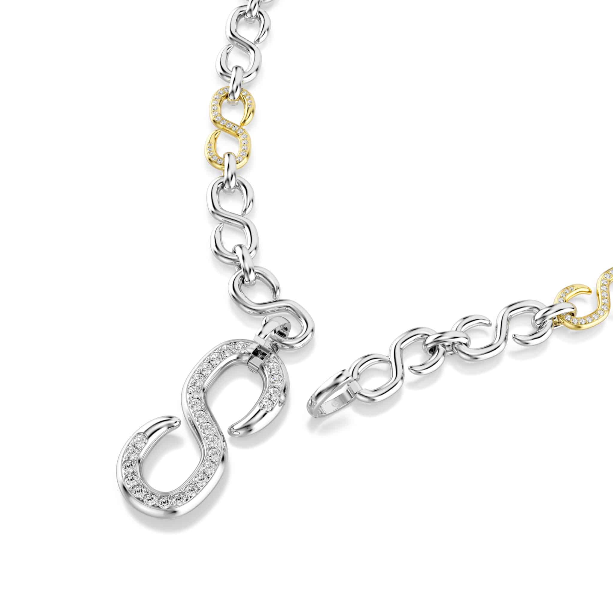 Swarovski Dextera strandage with round cut white crystals and mixed metal finish, showcasing elegant jewelry craftsmanship.