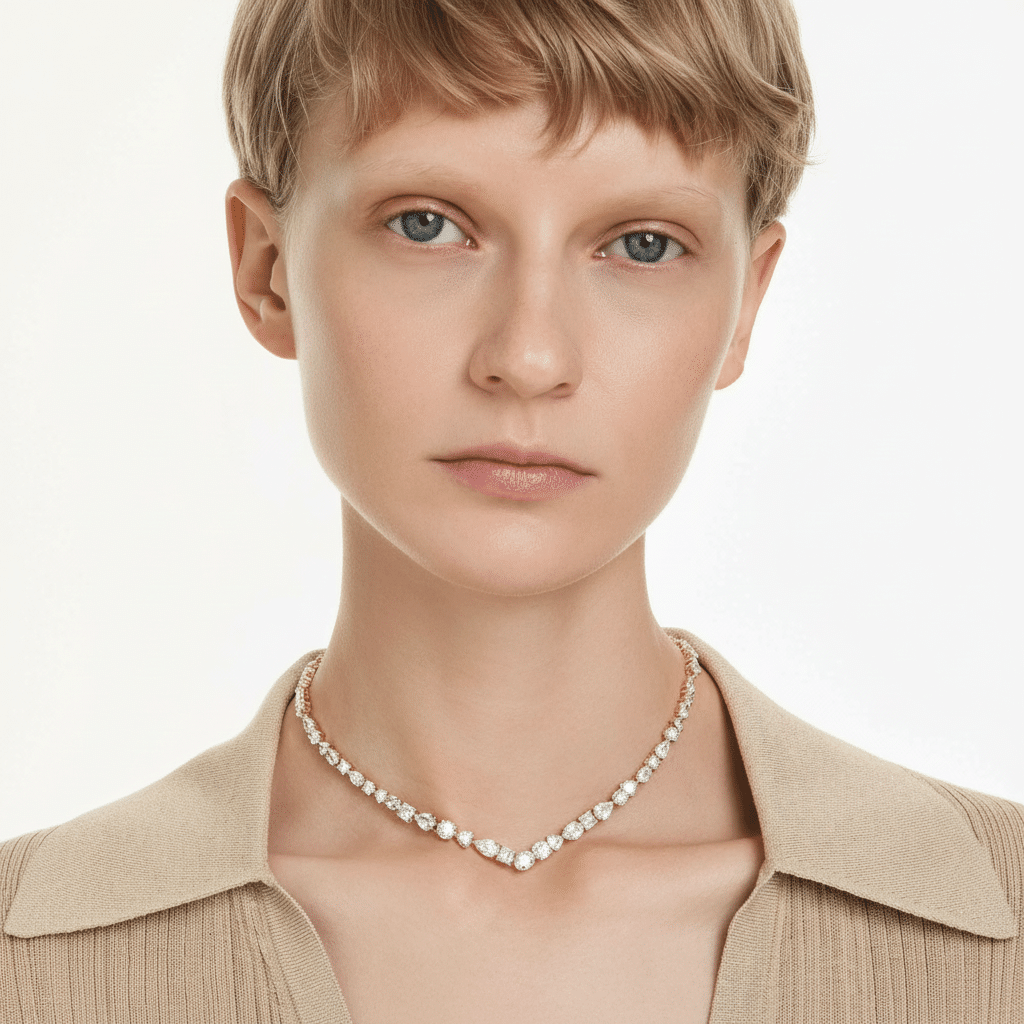 Swarovski Mesmera necklace with mixed cut white crystals and gold-tone plated chain, elegant jewelry accessory.