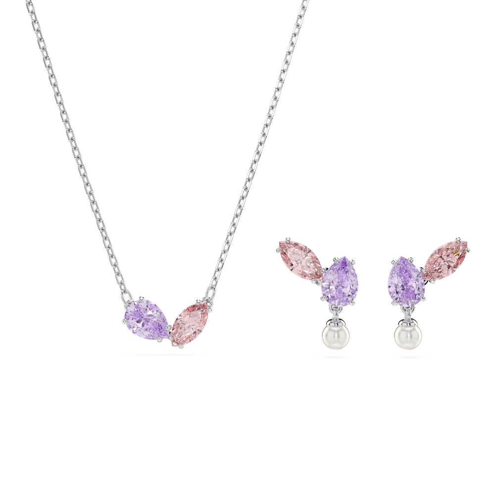 Swarovski Ariana Grande x jewelry set with mixed cuts, multicolored gemstones, rhodium plated, featuring earrings and necklace.