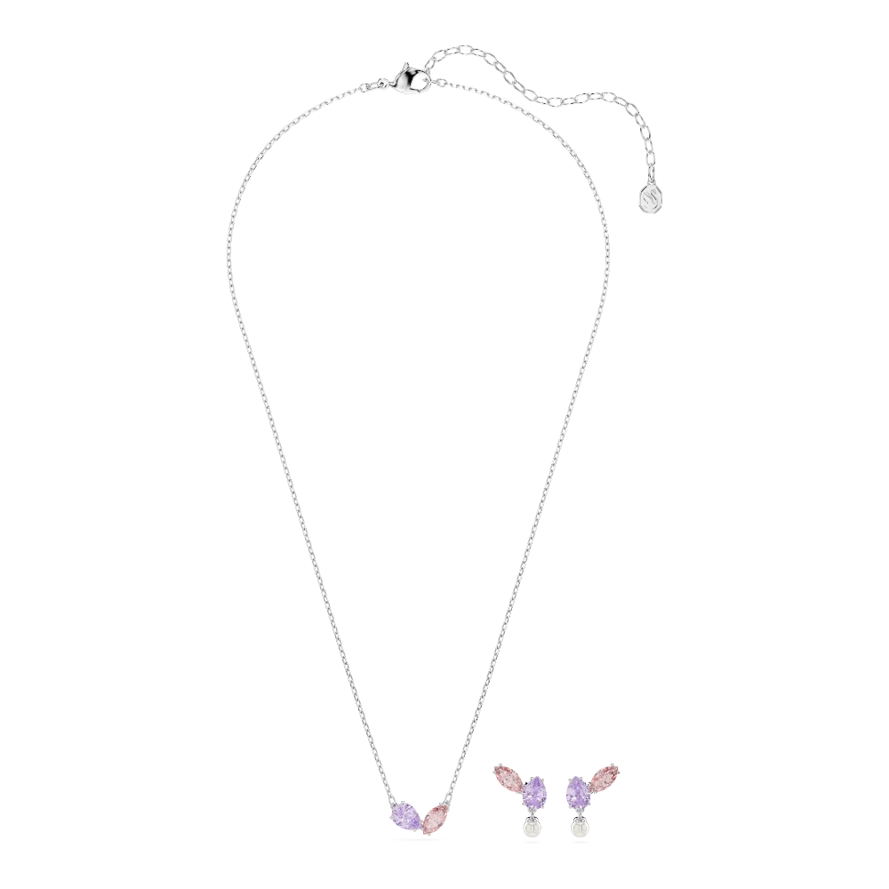 Multicolored Ariana Grande x Swarovski jewelry set with mixed cuts and rhodium plating, showcasing sparkling crystal designs.