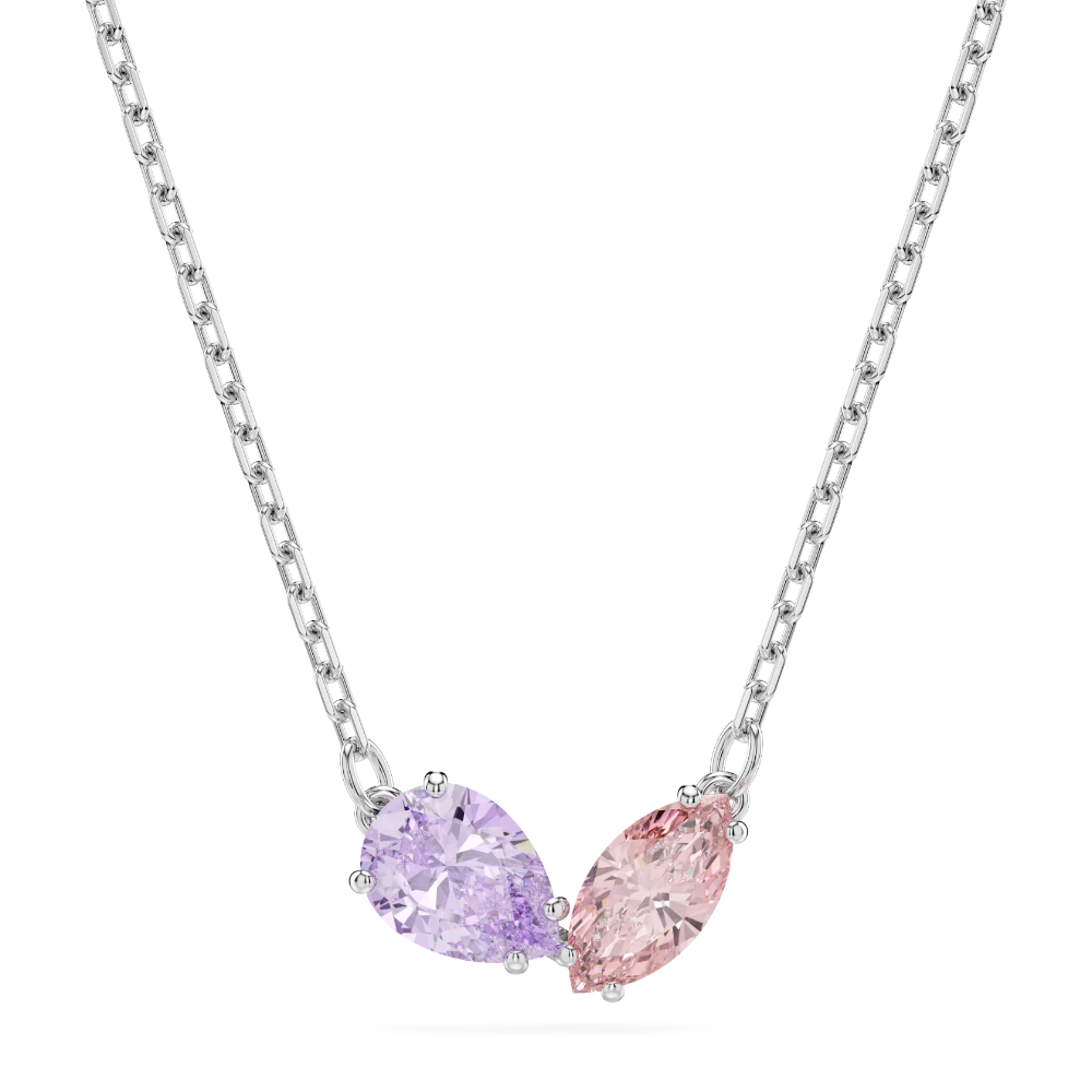 Swarovski Ariana Grande x jewelry set with mixed cuts, multicolored crystals, rhodium plating, featuring earrings and necklace.
