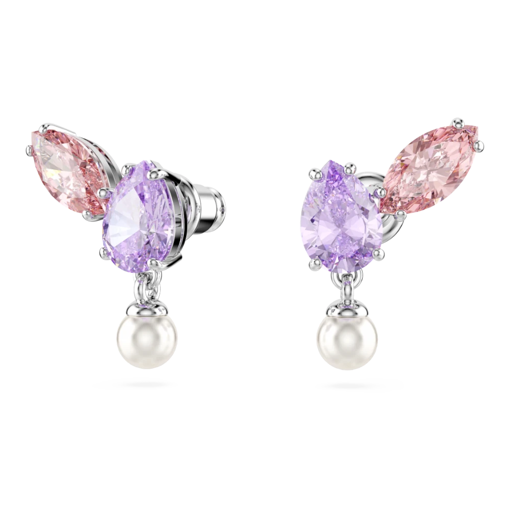 Swarovski Ariana Grande x jewelry set with mixed cut, multicolored stones and rhodium plating, featuring earrings and necklace.