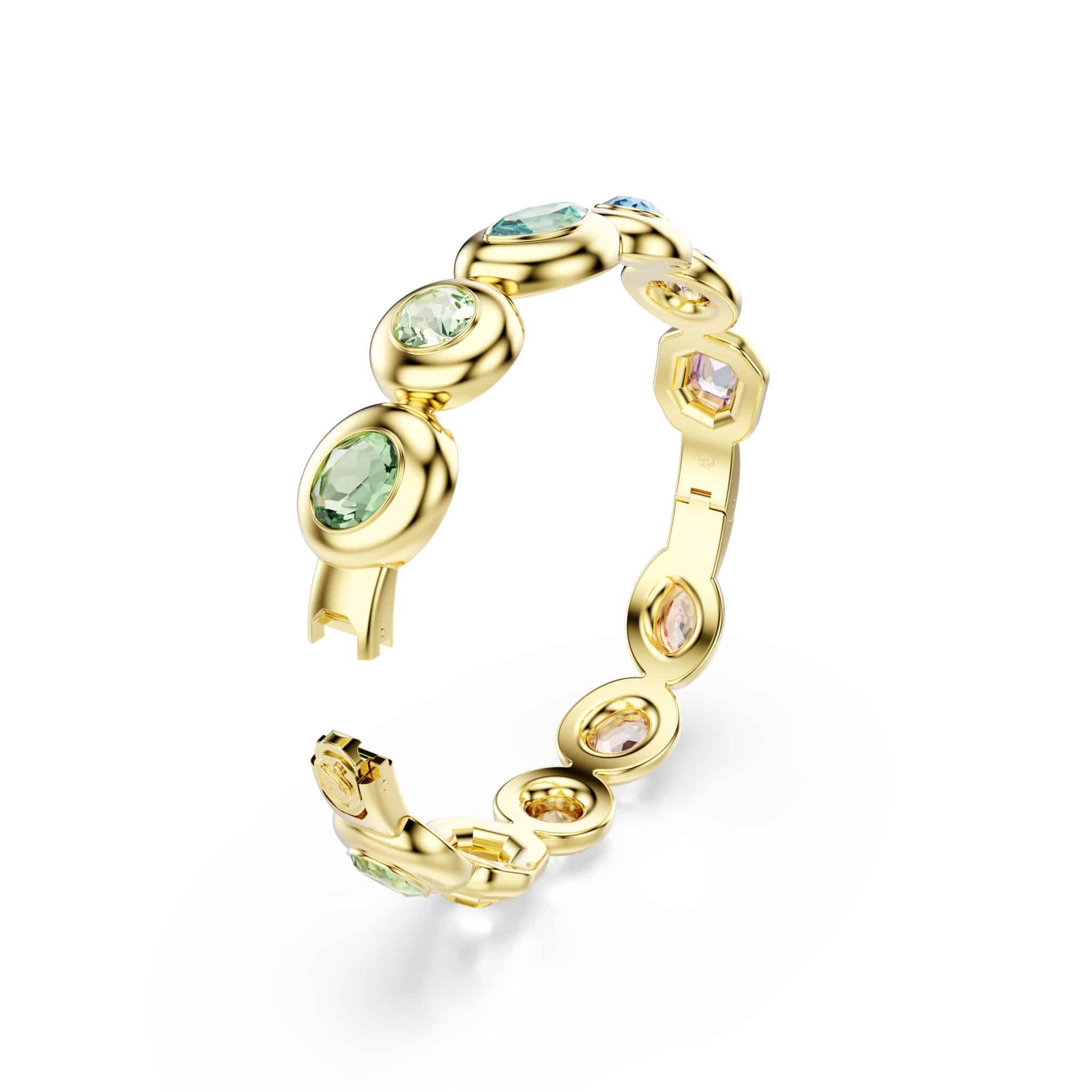Swarovski Gema Bangle featuring sparkling crystals and sleek silver-tone design, displayed on a white background.