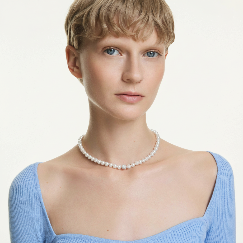 Swarovski Matrix necklace with white crystal pearls and rhodium plating, showcasing elegant jewelry design.
