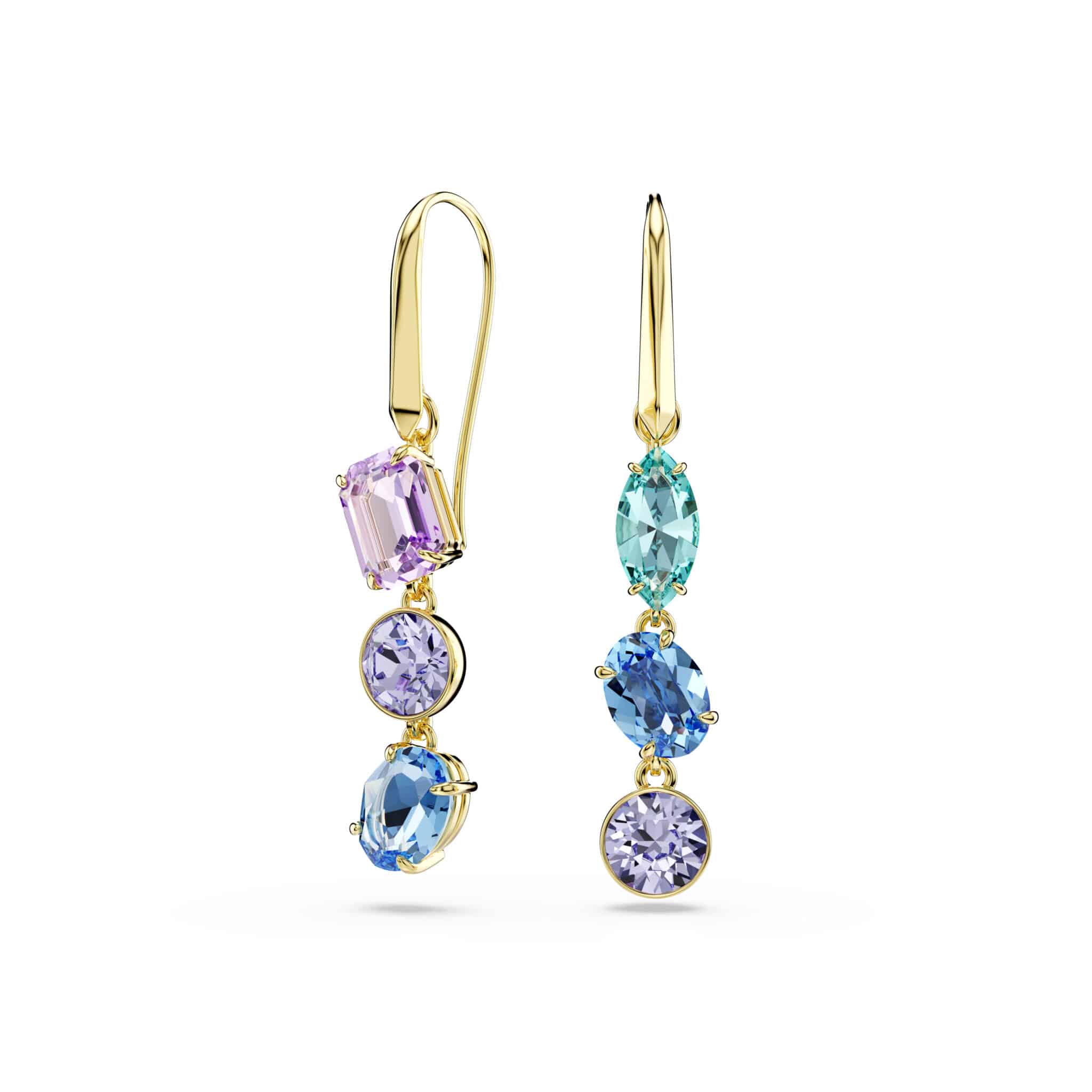 Swarovski Gema Drop Earrings with asymmetrical design, multicolored crystals, mixed cuts, and gold-tone plating.