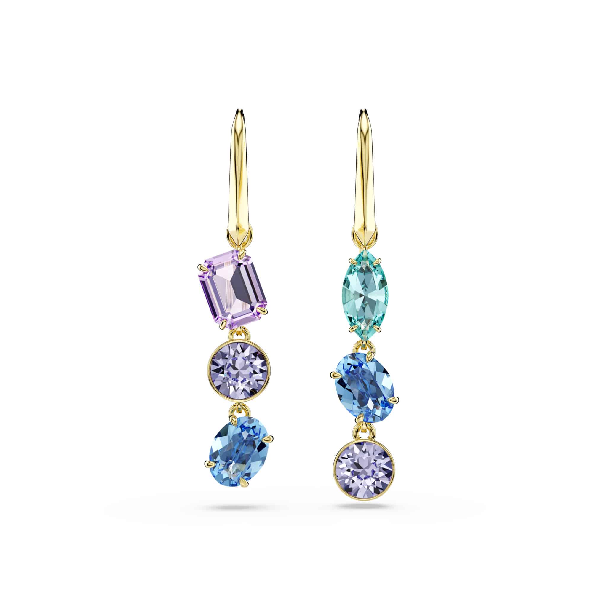 Swarovski Gema Drop Earrings with asymmetrical design, multicolored crystals, and gold-tone plating, featuring mixed cuts.
