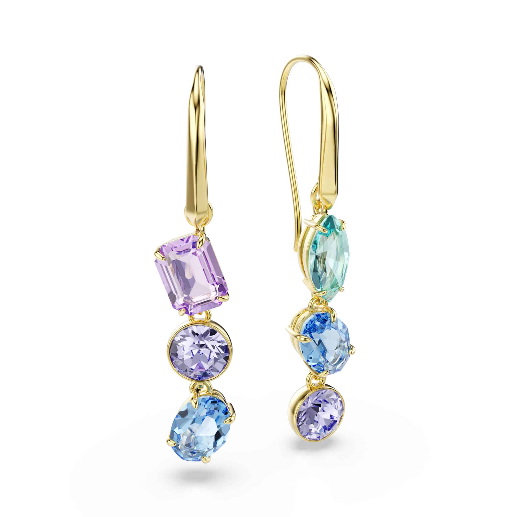 Swarovski Gema Drop Earrings with asymmetrical design, multicolored Swarovski crystals, gold-tone plated, mixed cuts.