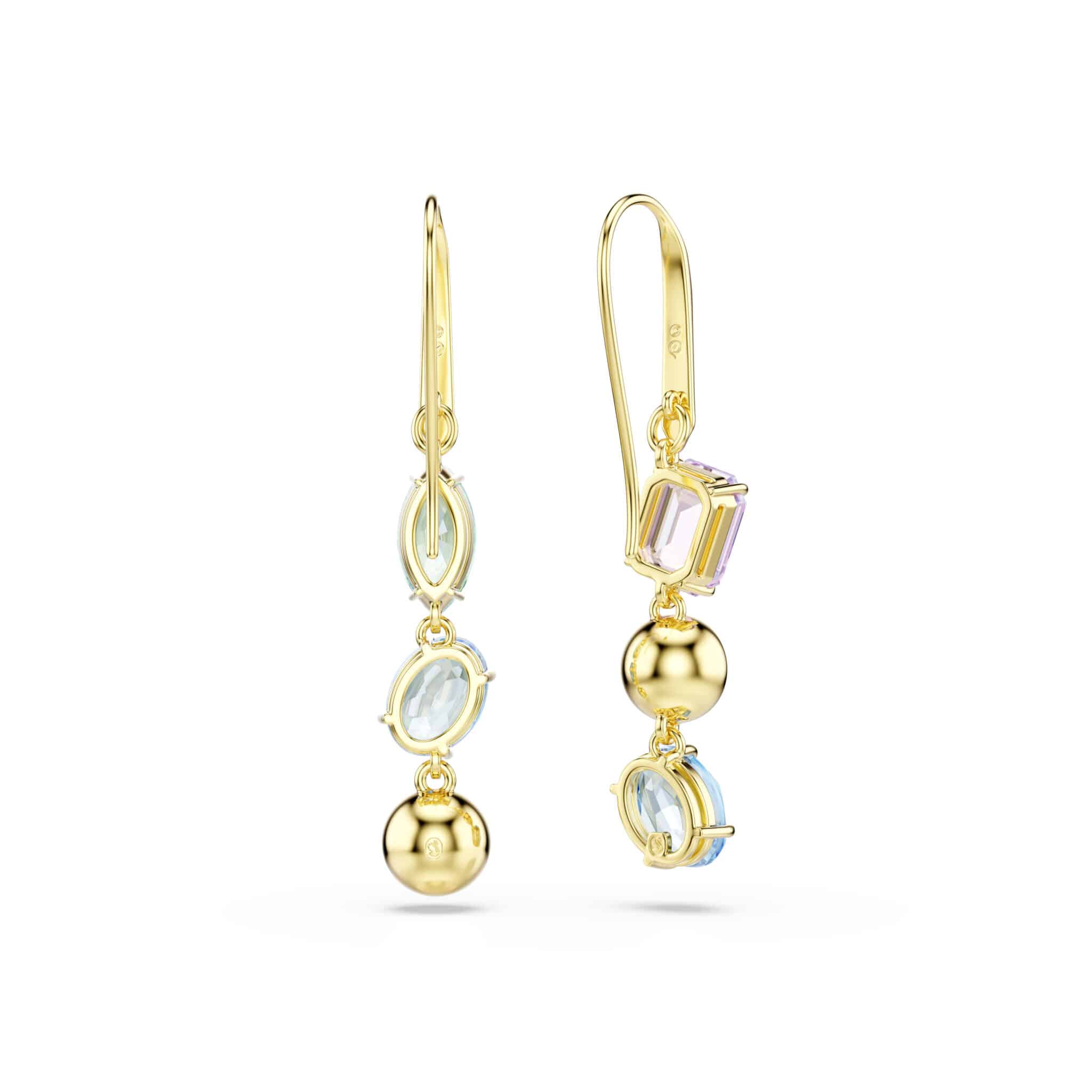 Swarovski Gema Drop Earrings with asymmetrical design, multicolored crystals, and gold-tone plating, featuring mixed cuts.