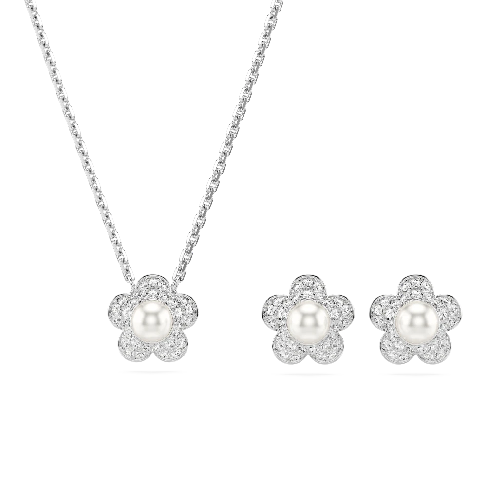 Swarovski Ariana Grande x jewelry set with white crystal pearl and round cut flower design, rhodium plated for a shiny finish.