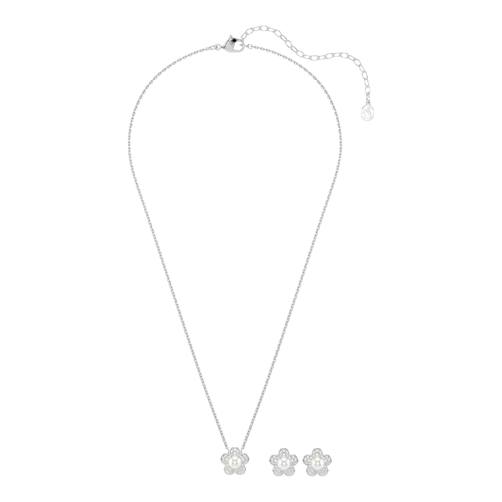 Swarovski Ariana Grande x crystal pearl flower set with white round cut crystals, rhodium plated jewelry.