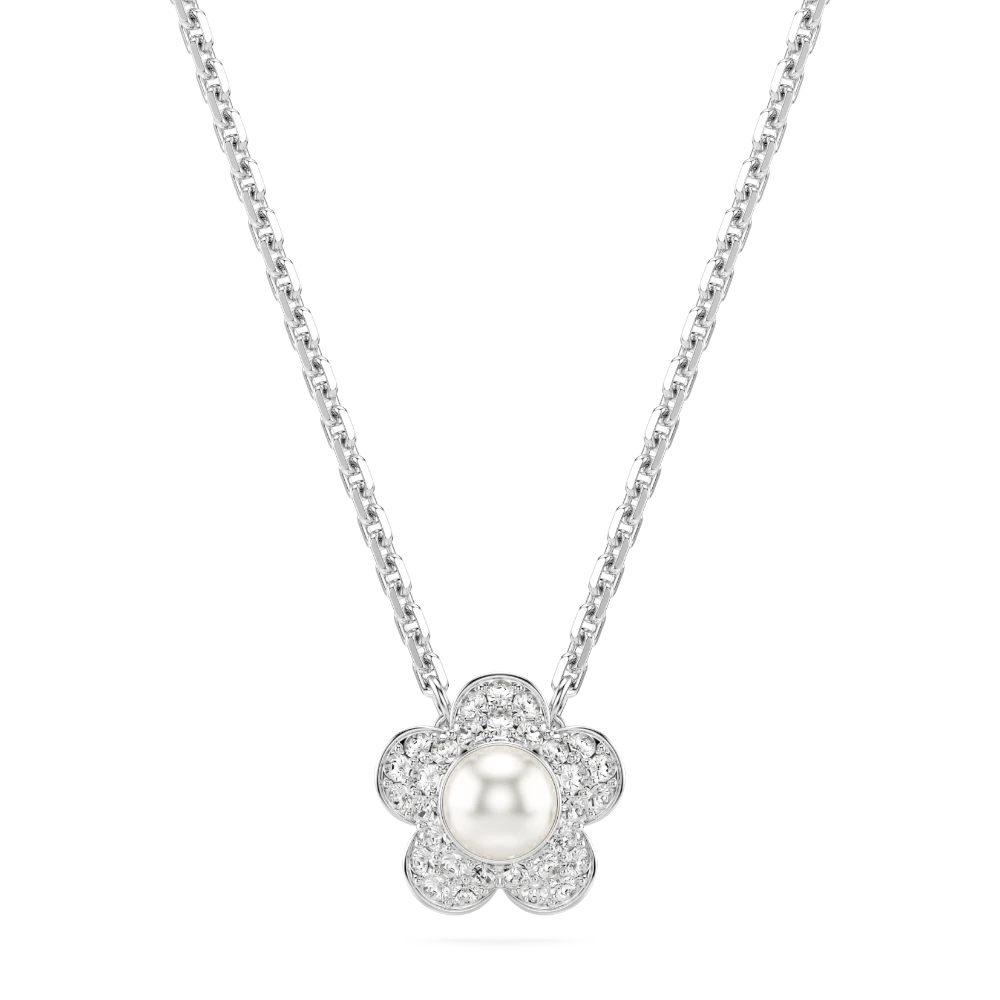 Swarovski Ariana Grande crystal pearl jewelry set with round cut flower design in white, rhodium-plated finish.