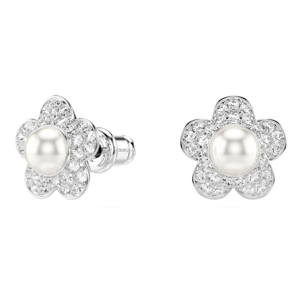 Swarovski Ariana Grande crystal pearl and flower jewelry set with round cut stones, white accents, and rhodium plating.