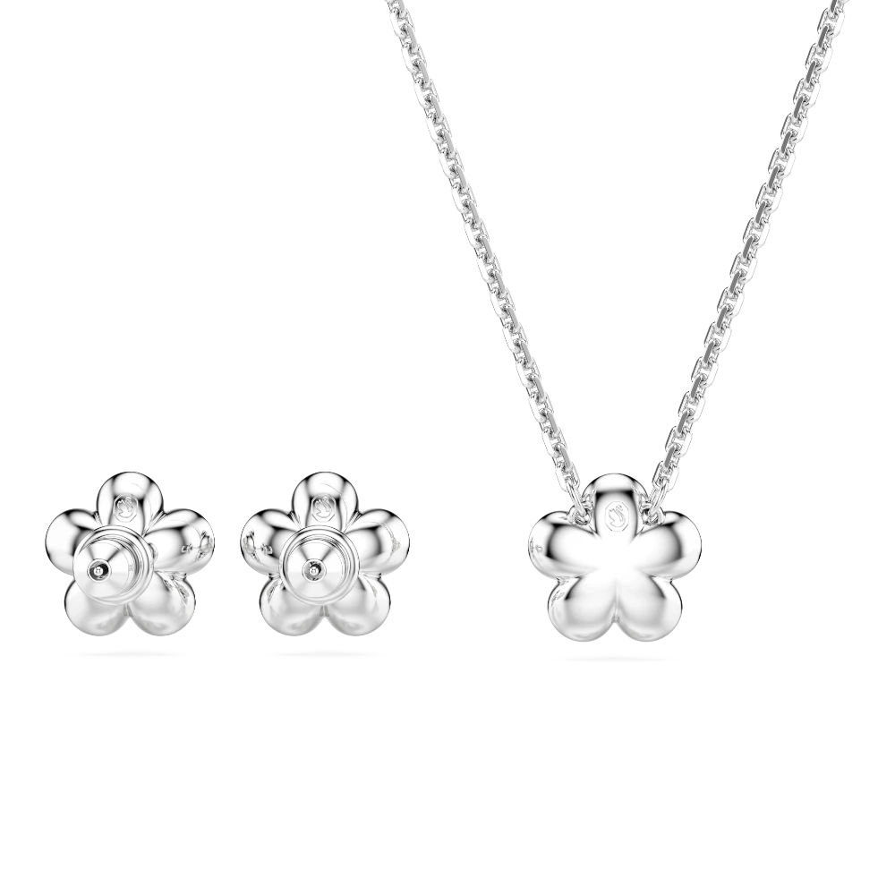 Swarovski Ariana Grande x Crystal pearl jewelry set featuring round-cut crystals, flower design, in white with rhodium plating.