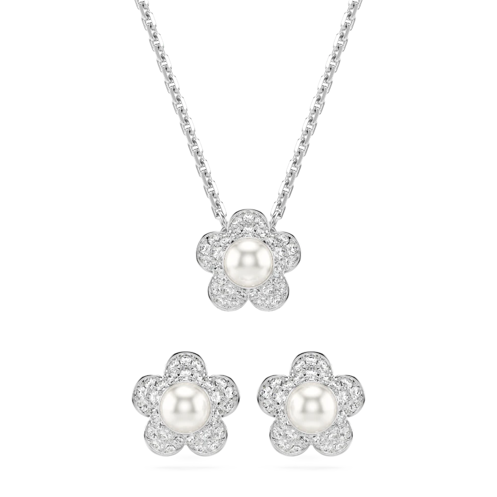 Swarovski Ariana Grande x crystal and pearl jewelry set featuring round cut flower design with white crystals and rhodium plating