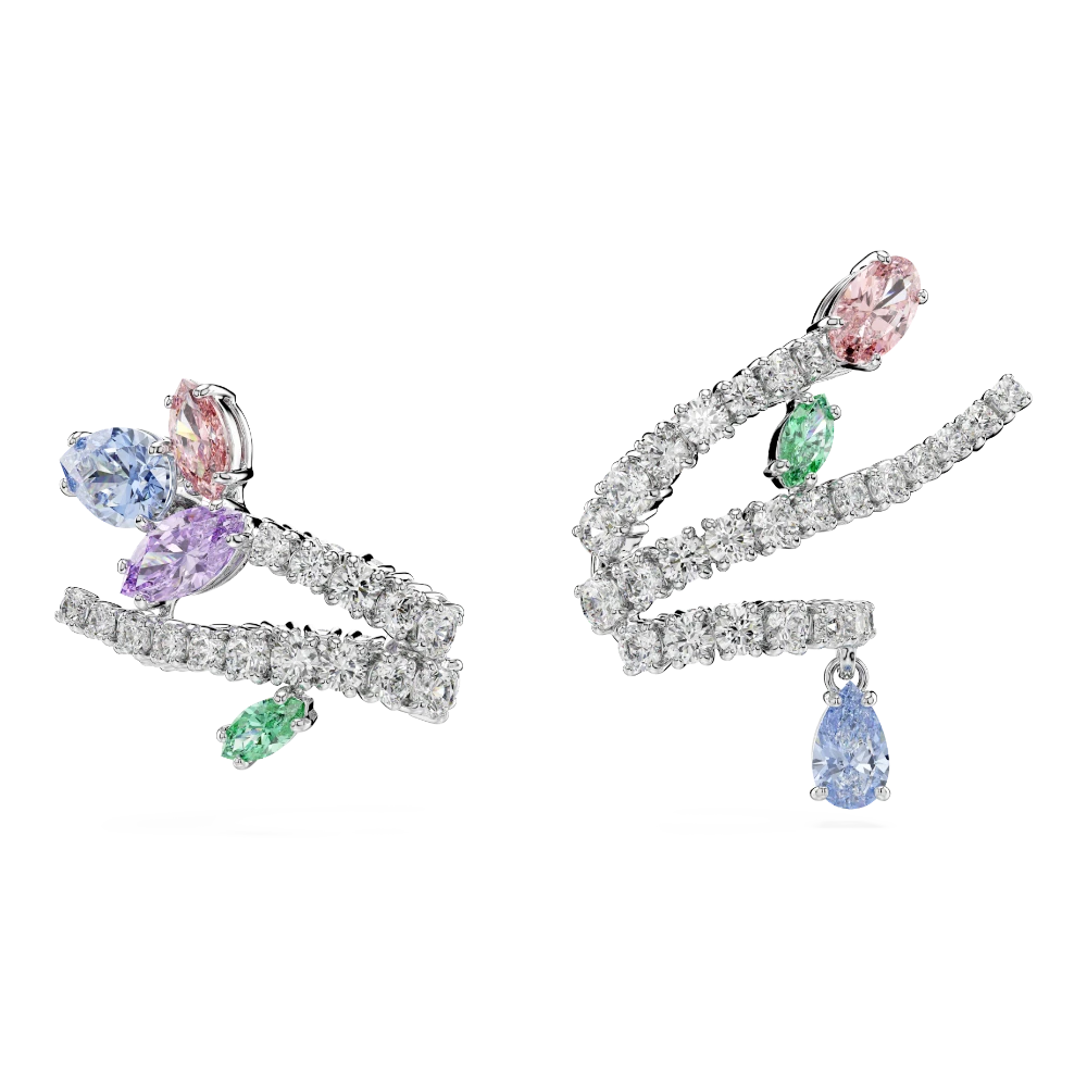 Multicolored Ariana Grande x Swarovski rhodium-plated ear cuffs with mixed cut gemstones on a plain background.