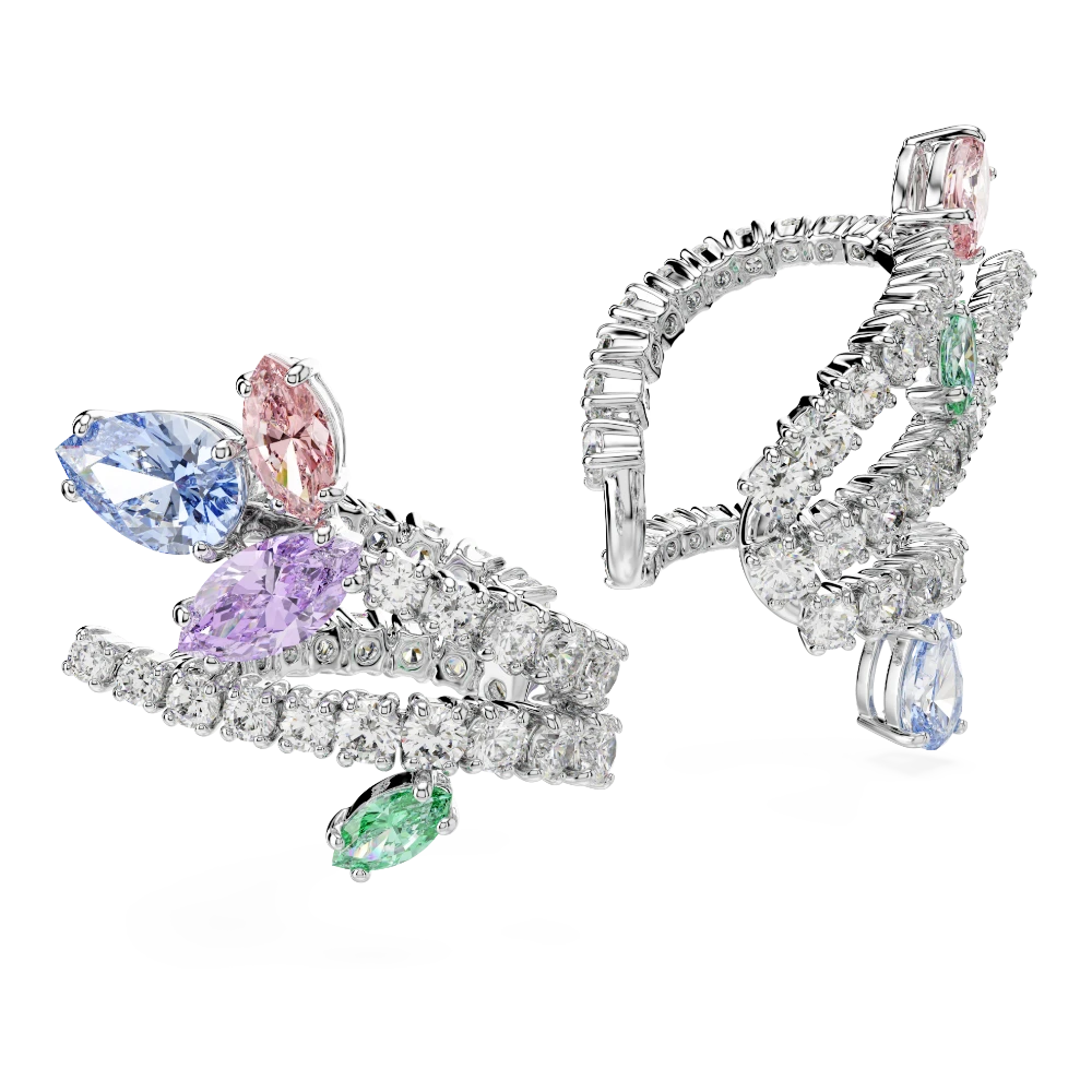 Swarovski Ariana Grande x ear cuffs with mixed multicolored cuts and rhodium plating, stylish jewelry accessory.