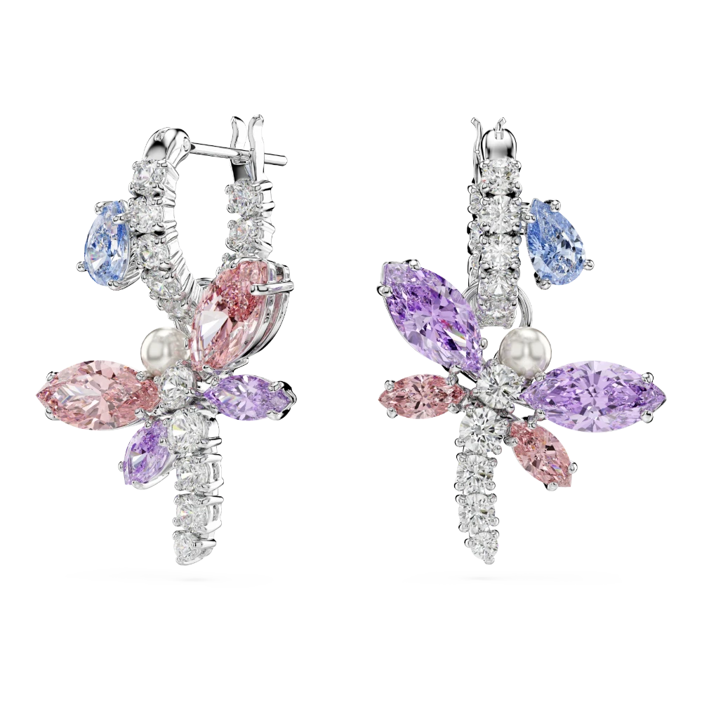Swarovski Ariana Grande drop earrings with multicolored dragonfly design, mixed cuts, rhodium plating, and sparkling crystal accents.