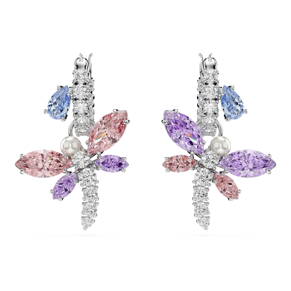 Swarovski Ariana Grande dragonfly drop earrings with multicolored mixed cuts and rhodium plating, featuring intricate design.