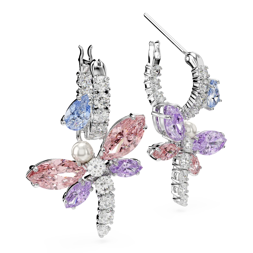 Swarovski Ariana Grande drop earrings featuring multicolored dragonfly design, mixed cuts, rhodium-plated finish.