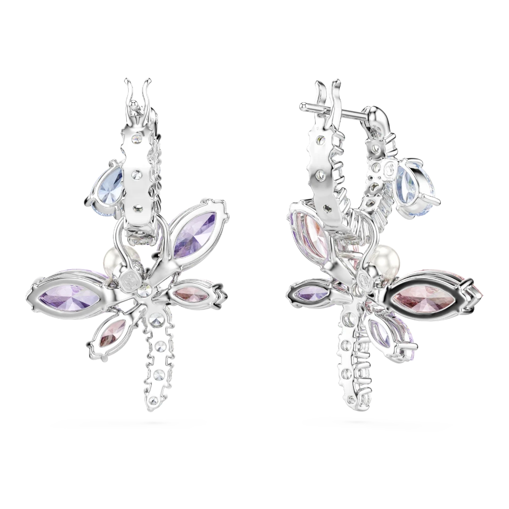 Swarovski Ariana Grande dragonfly drop earrings with multicolored mixed cuts and rhodium plating, elegant jewelry accessory.
