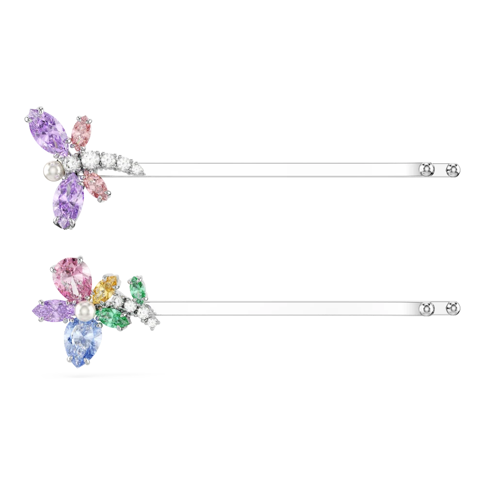 Swarovski Ariana Grande x hair pin with multicolored dragonfly and flower designs, rhodium plated, featuring mixed cuts in a detailed style.