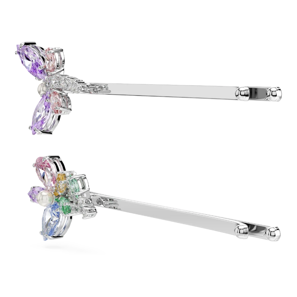 Swarovski Ariana Grande hair pin with mixed cut dragonfly and flower designs, multicolored stones, rhodium plated.