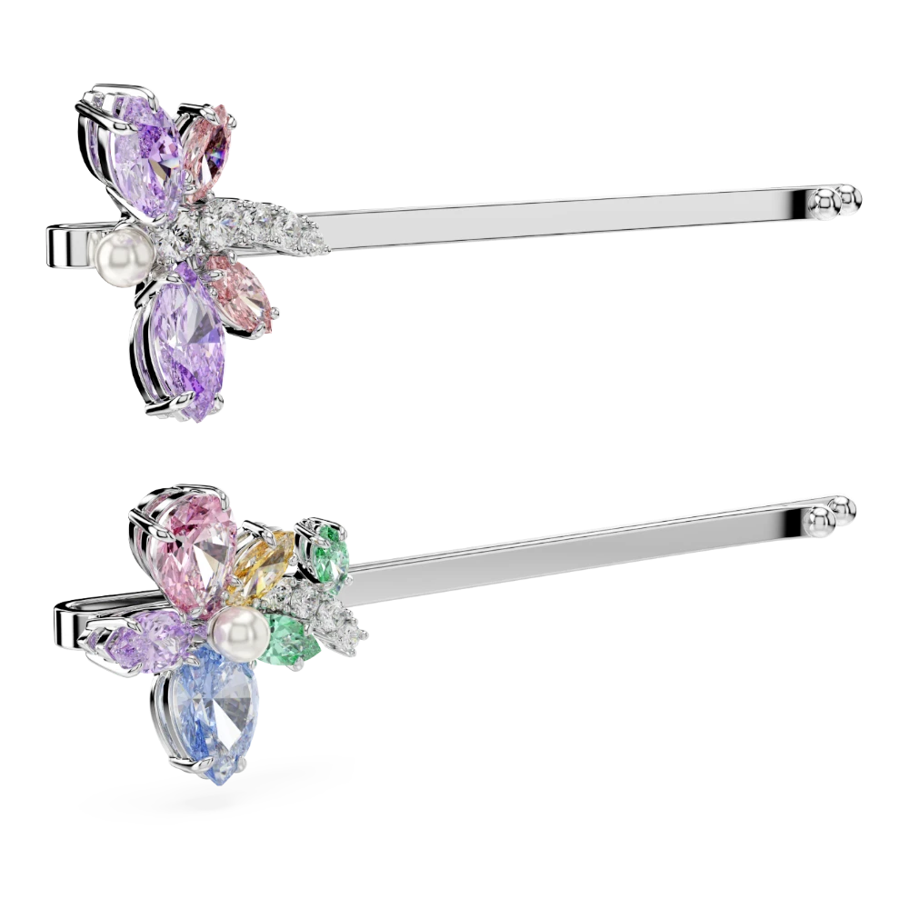 Swarovski Ariana Grande hair pin with multicolored dragonfly and flower designs, rhodium plated, featuring mixed crystal cuts.