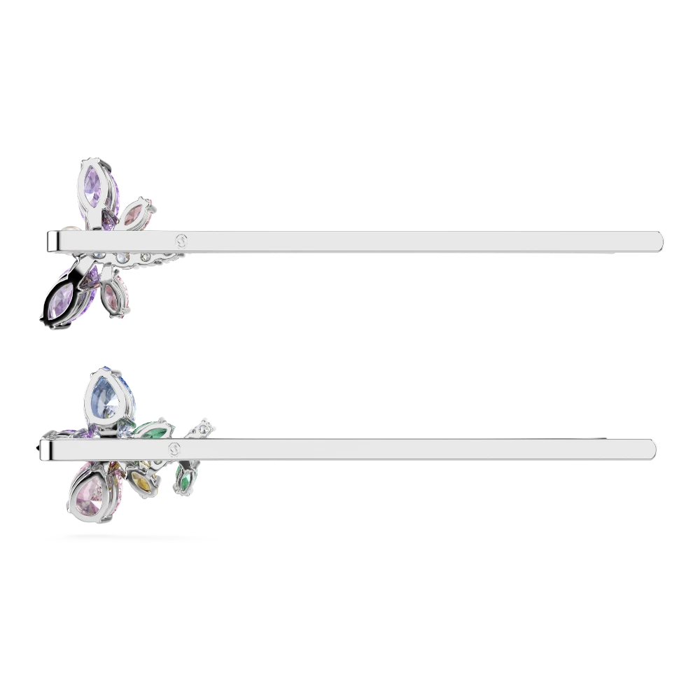 Swarovski Ariana Grande hair pin with mixed cuts, dragonfly and flower designs, multicolored crystals, rhodium plated.