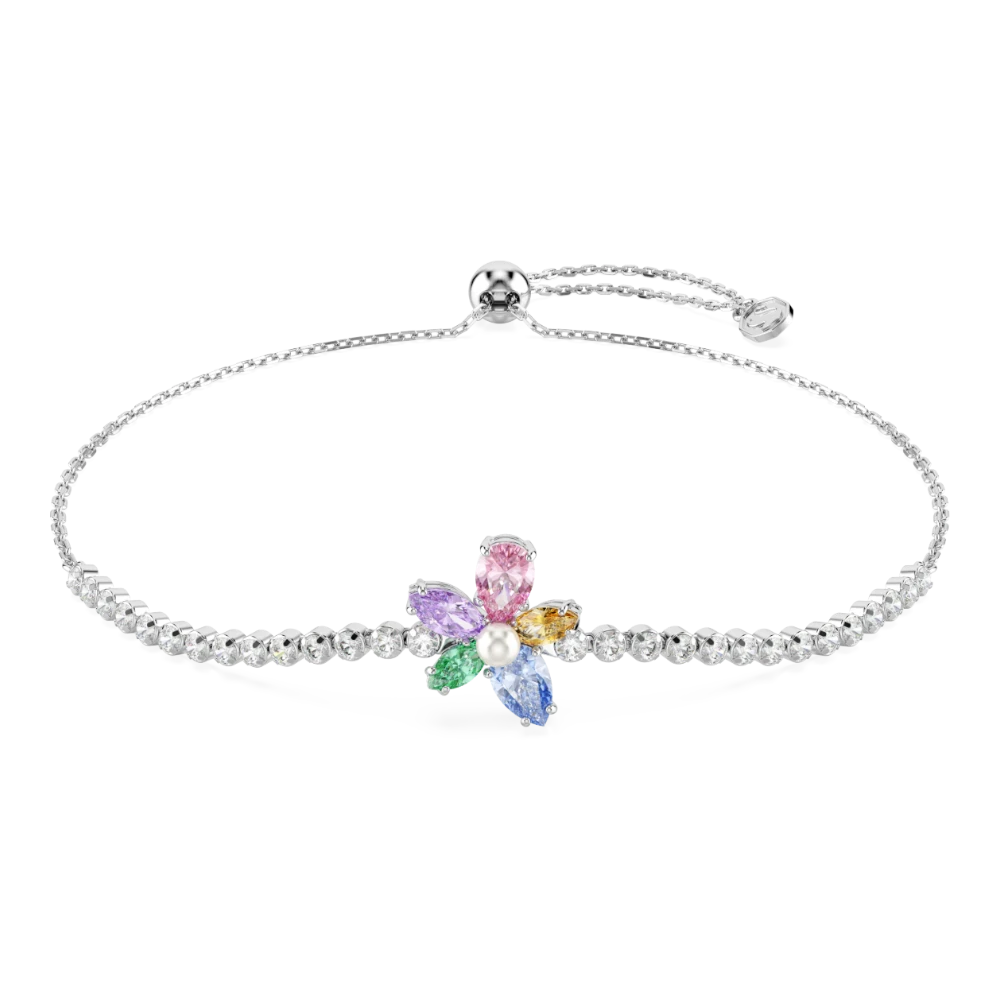 Swarovski Ariana Grande floral bracelet with multicolored mixed cuts, rhodium plating, featuring flower design and sparkling crystal details.