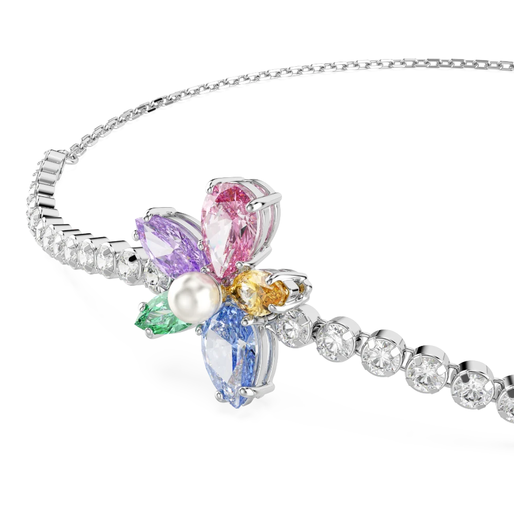 Multicolored Swarovski Ariana Grande bracelet with flower design, mixed cuts, rhodium plated jewelry, showcasing sparkling detail.